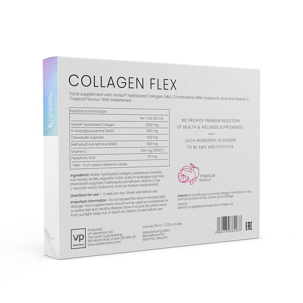 Retro della scatola di VP laboratory Collagen Flex. Contiene informazioni nutrizionali e ingredienti. Testo: Collagen Flex.