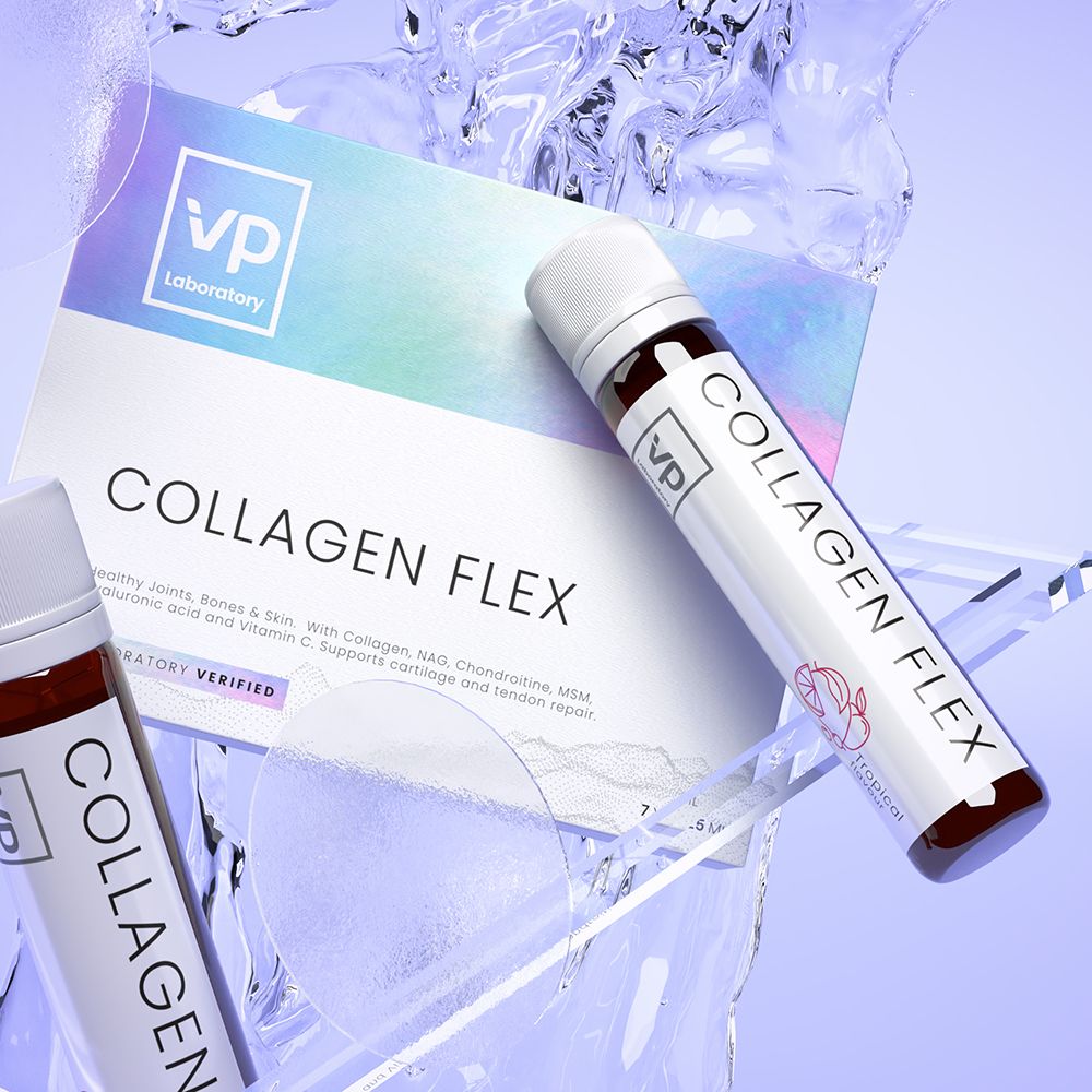 VP laboratory Collagen Flex in acqua ghiacciata. Testo: Collagen Flex, Laboratory Verified. Gusto tropicale.