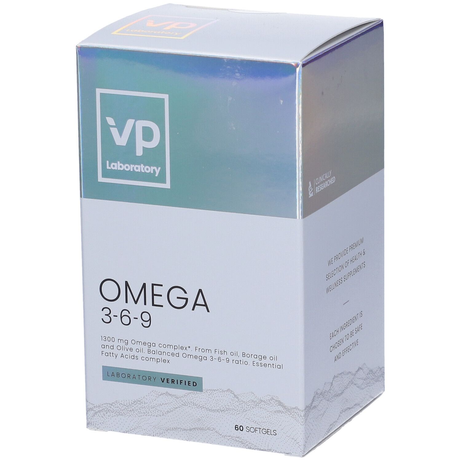 Confezione VP Laboratory Omega 3-6-9. Bianca con sfumatura blu-viola. Testo: Omega 3-6-9, 60 softgels.