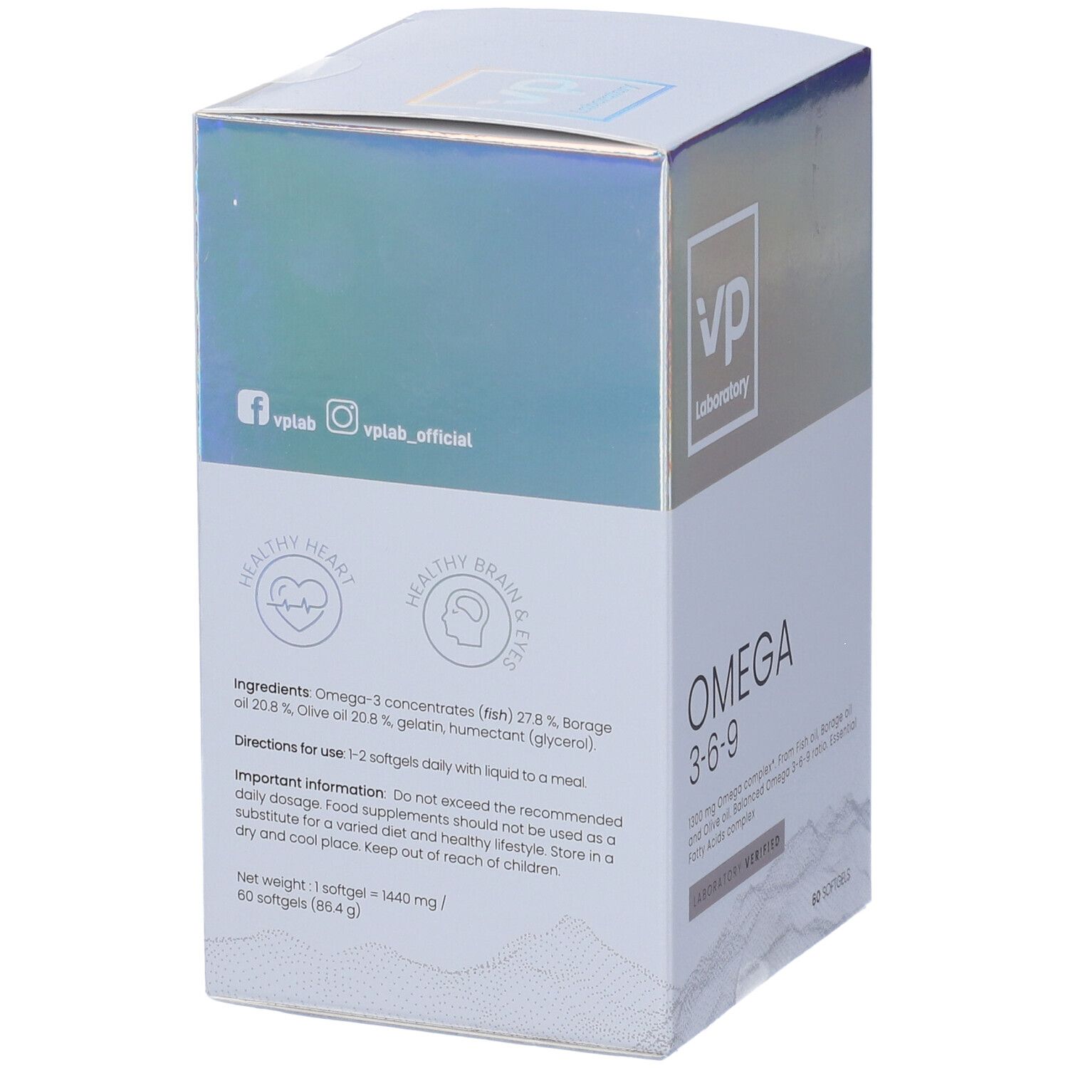 Retro della confezione VP Laboratory Omega 3-6-9. Contiene informazioni sugli ingredienti e l'uso.