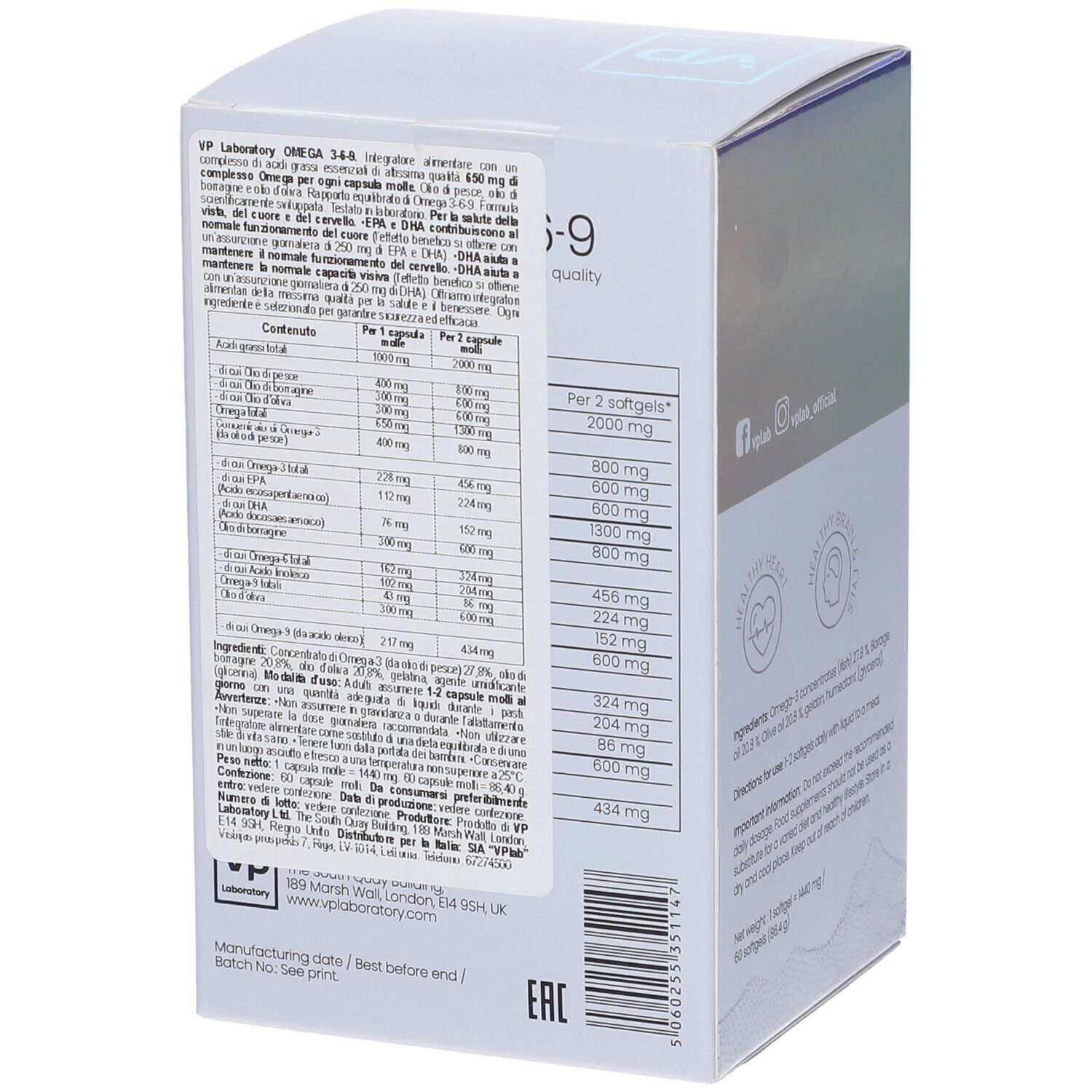 Retro della confezione VP Laboratory Omega 3-6-9. Contiene informazioni nutrizionali e del produttore.