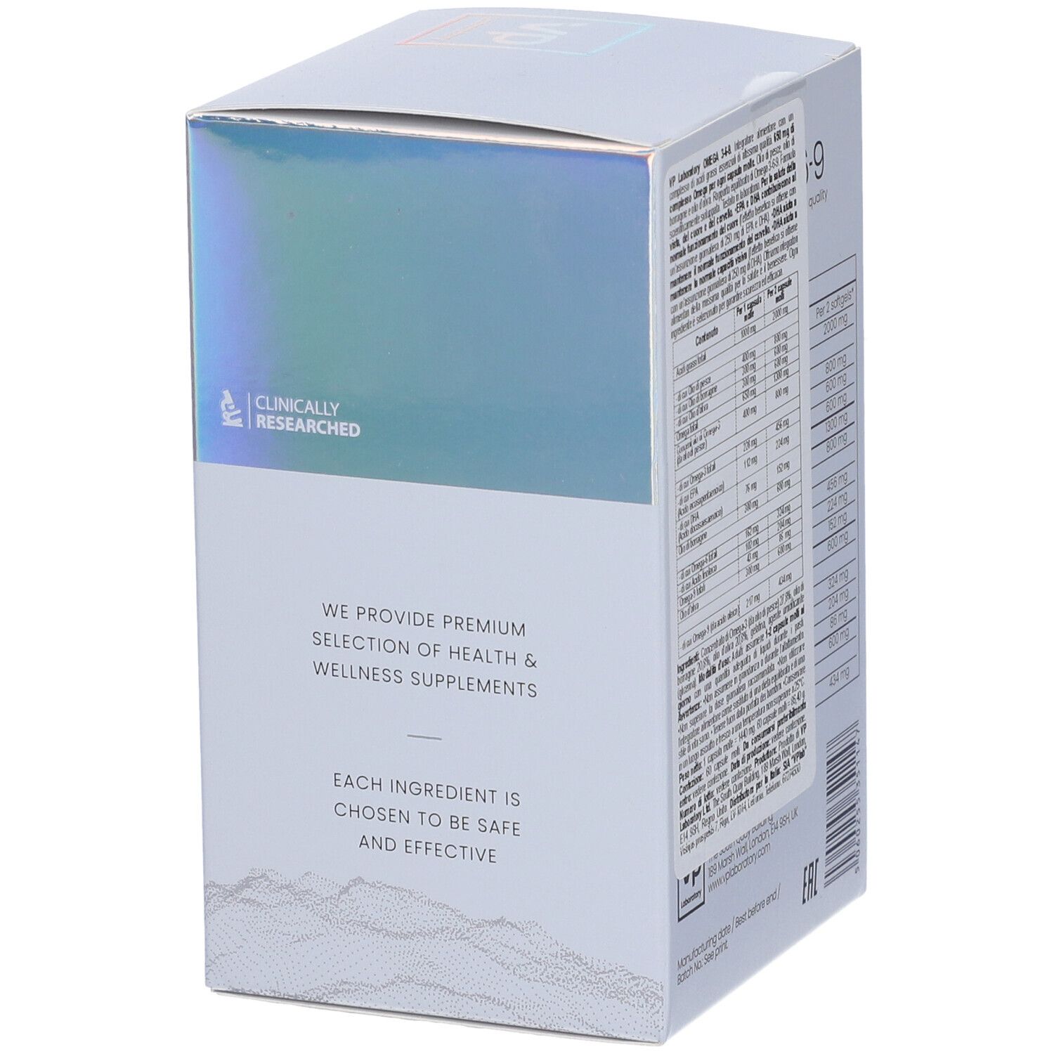 Retro della confezione VP Laboratory Omega 3-6-9. Contiene informazioni sugli ingredienti e l'uso.