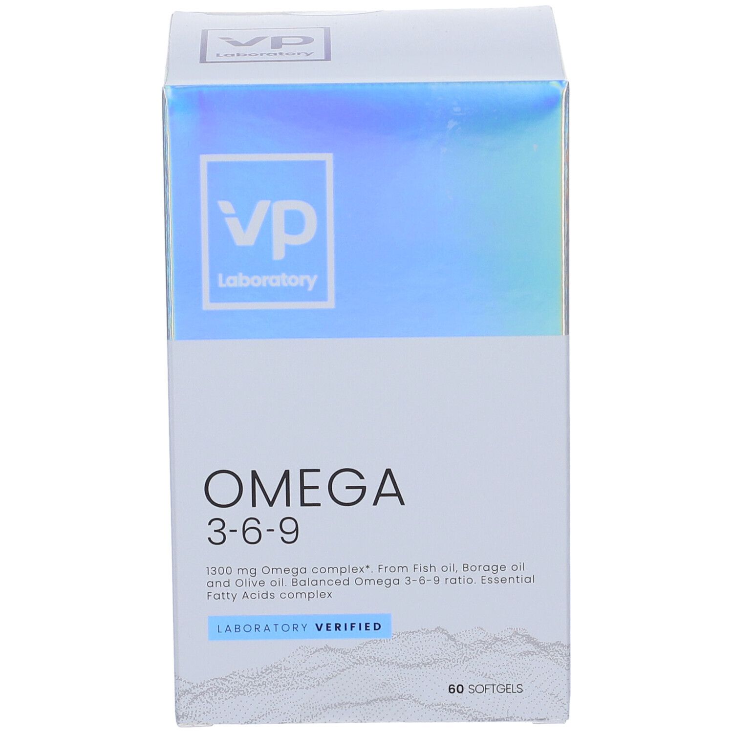Confezione VP Laboratory Omega 3-6-9. Bianca con sfumatura blu-viola. Testo: Omega 3-6-9, 60 softgels.