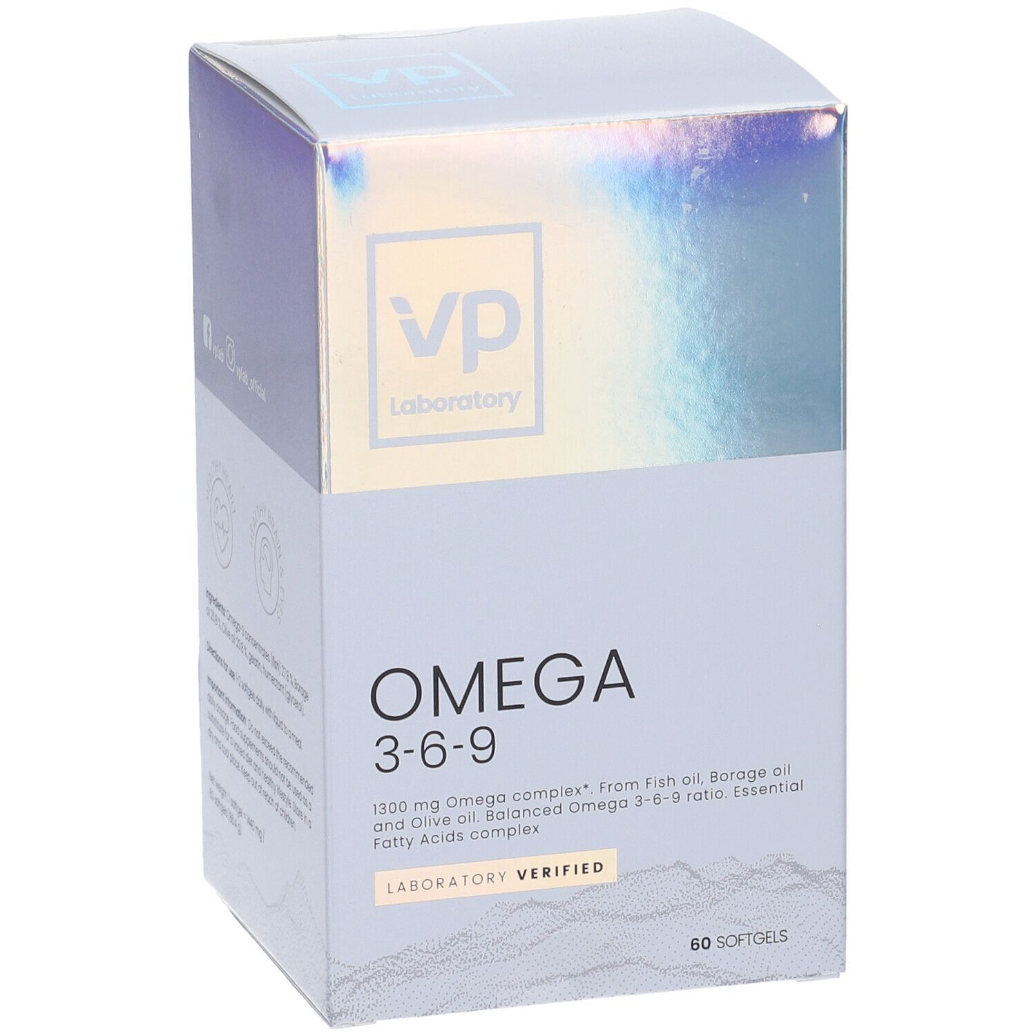 Confezione VP Laboratory Omega 3-6-9. Bianca con sfumatura blu-viola. Testo: Omega 3-6-9, 60 softgels.