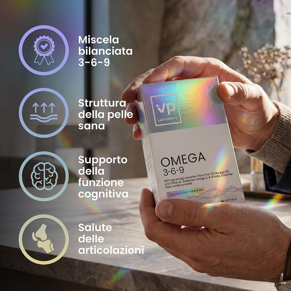 Confezione di Omega 3-6-9. Icone per struttura cutanea, funzione cognitiva e salute articolare.