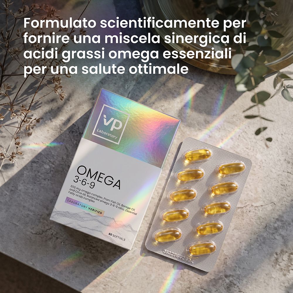 Capsule VP Laboratory Omega 3-6-9 in blister e scatola.