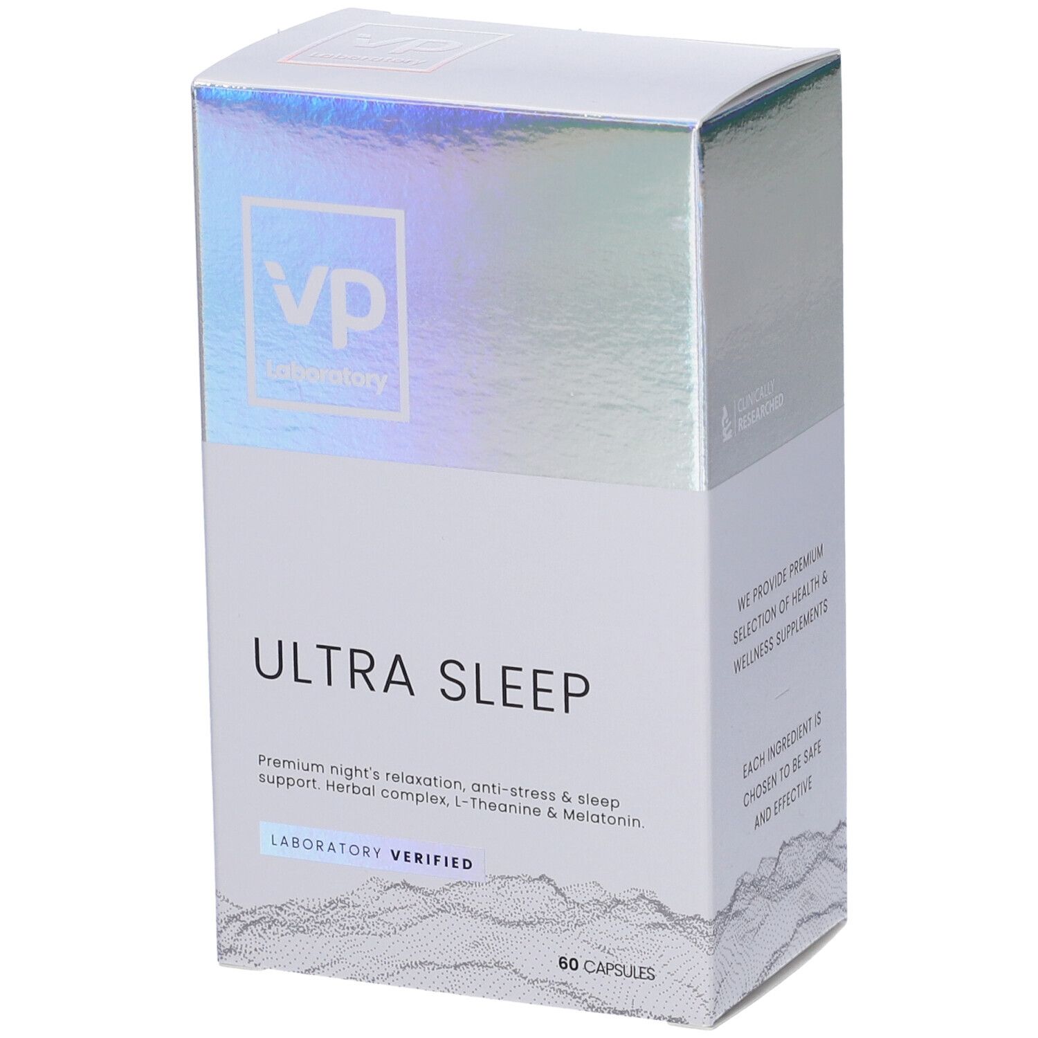 Scatola "Ultra Sleep" con coperchio olografico. Marchio "VP Laboratory". 60 capsule. Verificato in laboratorio.