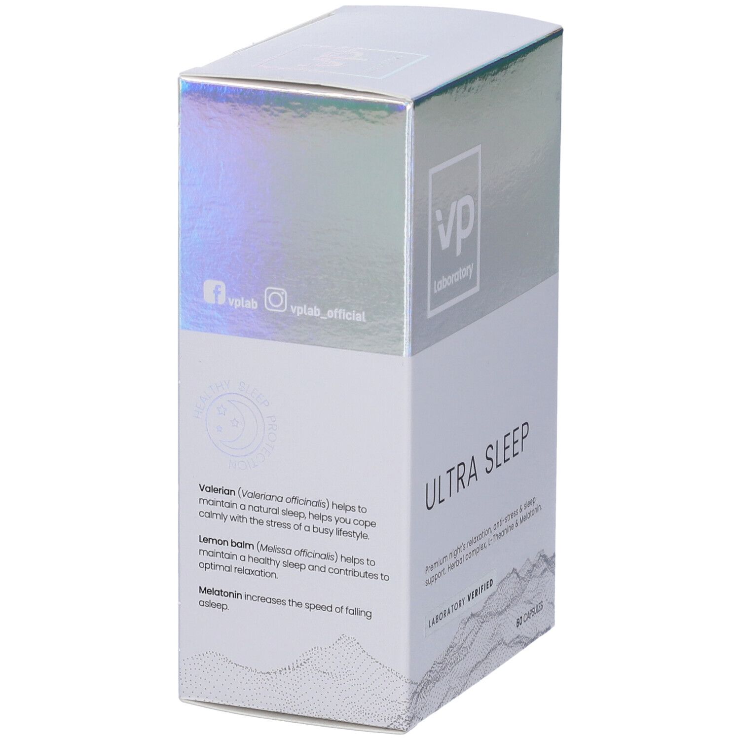 Retro della scatola "Ultra Sleep". Testo sugli ingredienti e l'uso. Marchio "VP Laboratory".
