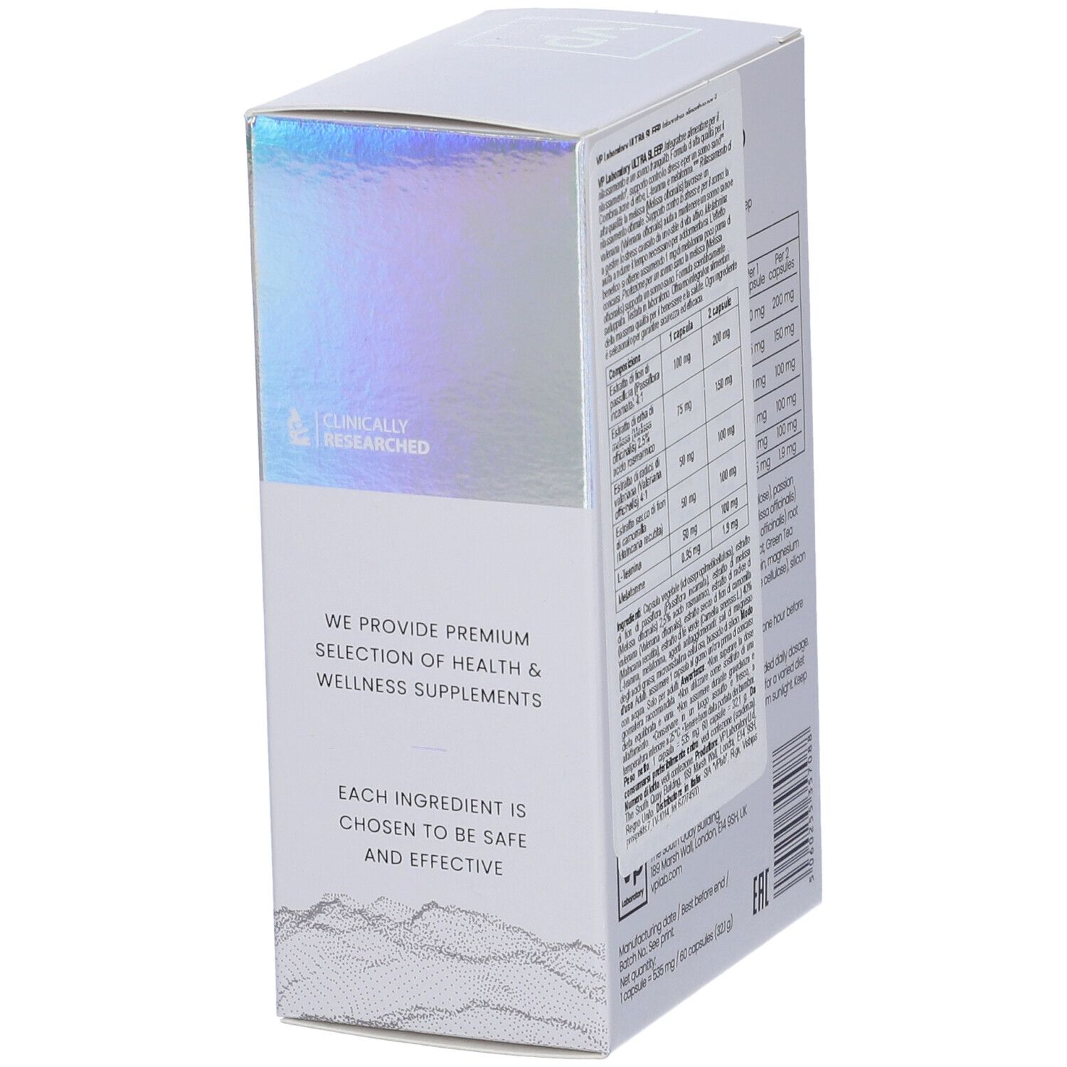 Scatola "Ultra Sleep". Marchio "VP Laboratory". 60 capsule. Verificato in laboratorio. Coperchio olografico.