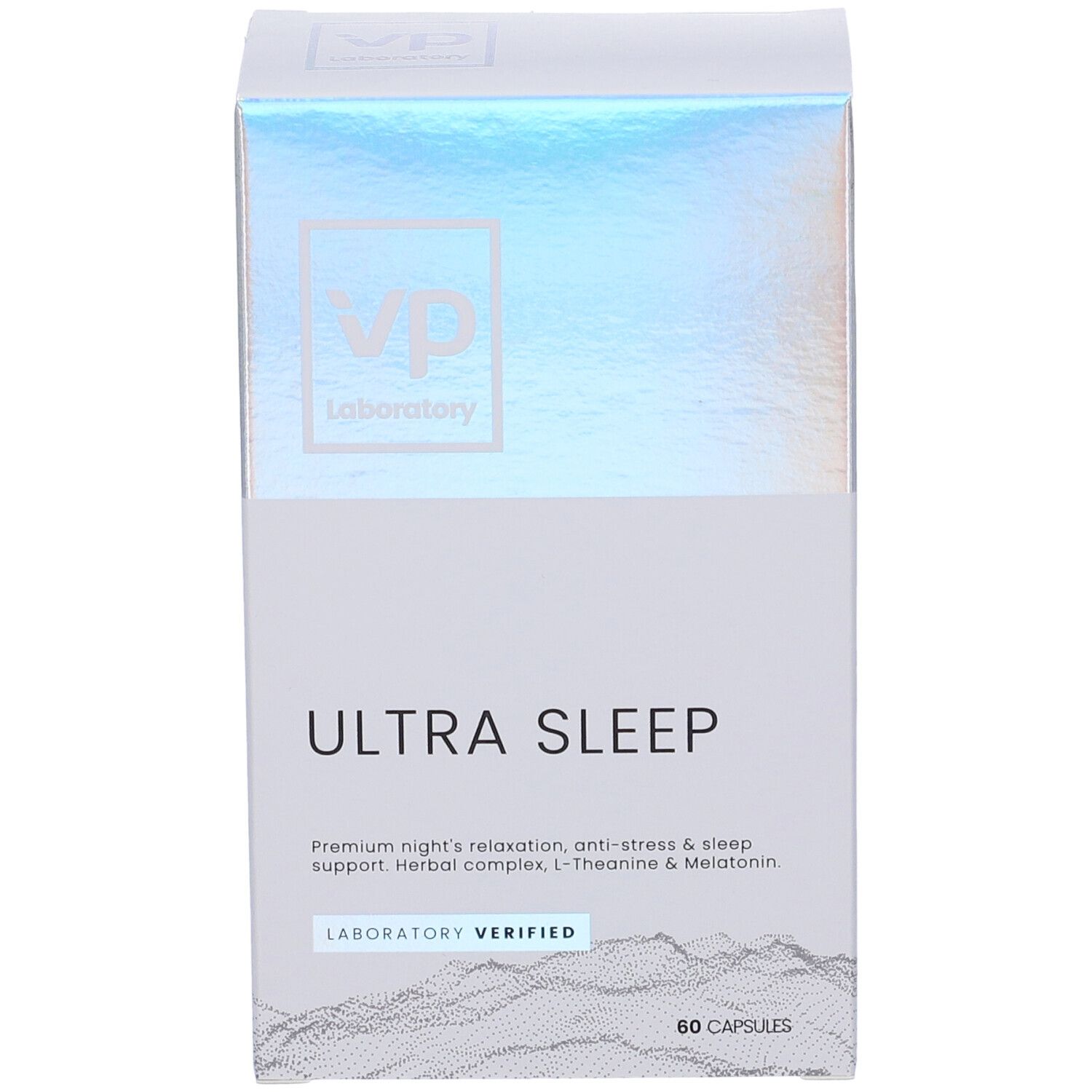 Scatola "Ultra Sleep". Marchio "VP Laboratory". 60 capsule. Verificato in laboratorio. Coperchio olografico.