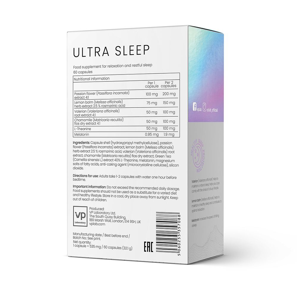Retro della scatola "Ultra Sleep". Ingredienti, informazioni nutrizionali e istruzioni per l'uso. Marchio "VP Laboratory".