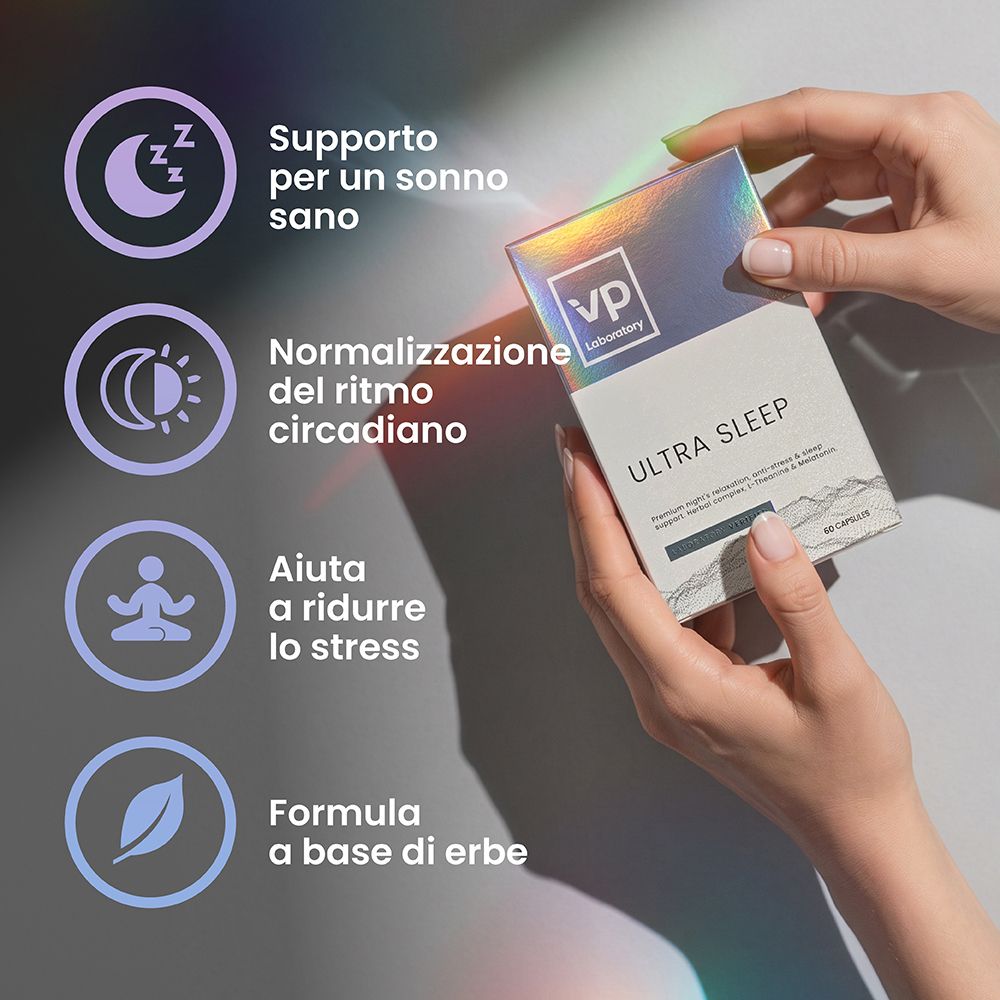 Confezione di integratori Ultra Sleep a base di erbe per la riduzione dello stress e il supporto del sonno sano.