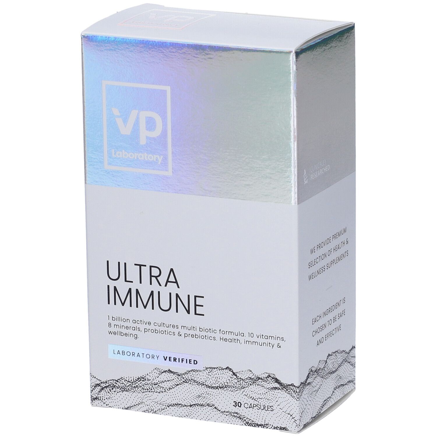 Confezione Ultra Immune. Nome e logo del prodotto visibili. Contiene 30 capsule. Verificato in laboratorio.