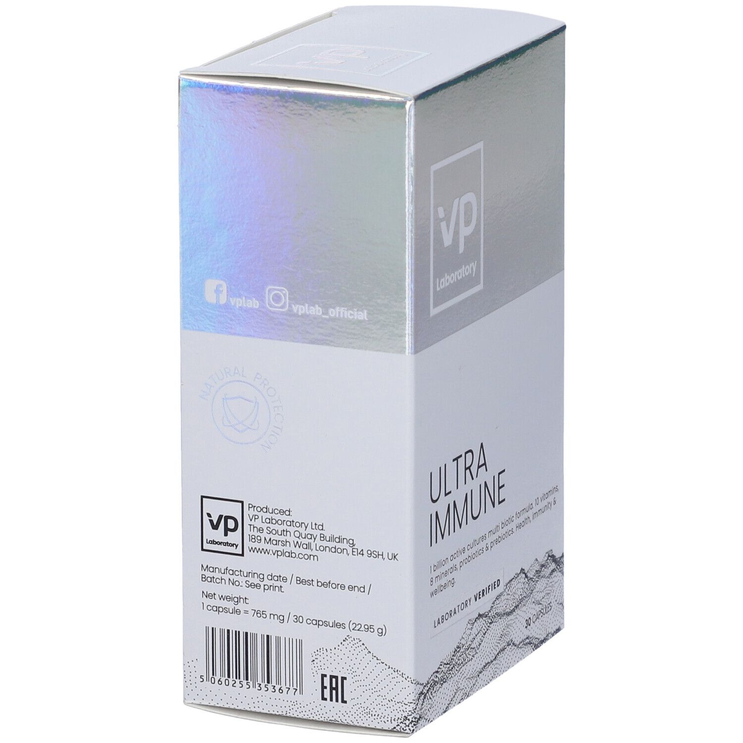 Retro della confezione Ultra Immune. Contiene informazioni sul produttore e sugli ingredienti. Logo visibile.