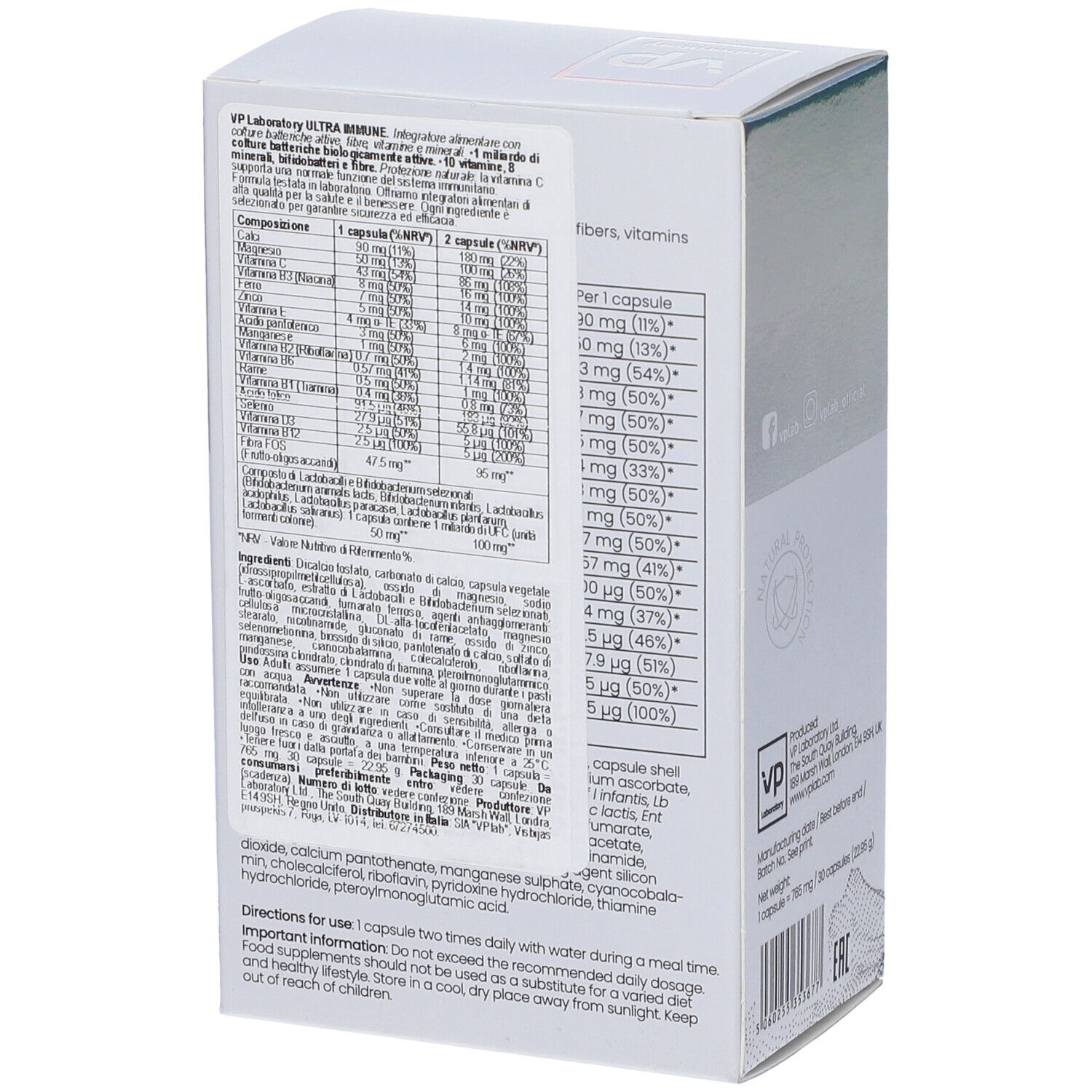 Retro della confezione Ultra Immune. Informazioni nutrizionali e ingredienti stampati. Contiene informazioni.
