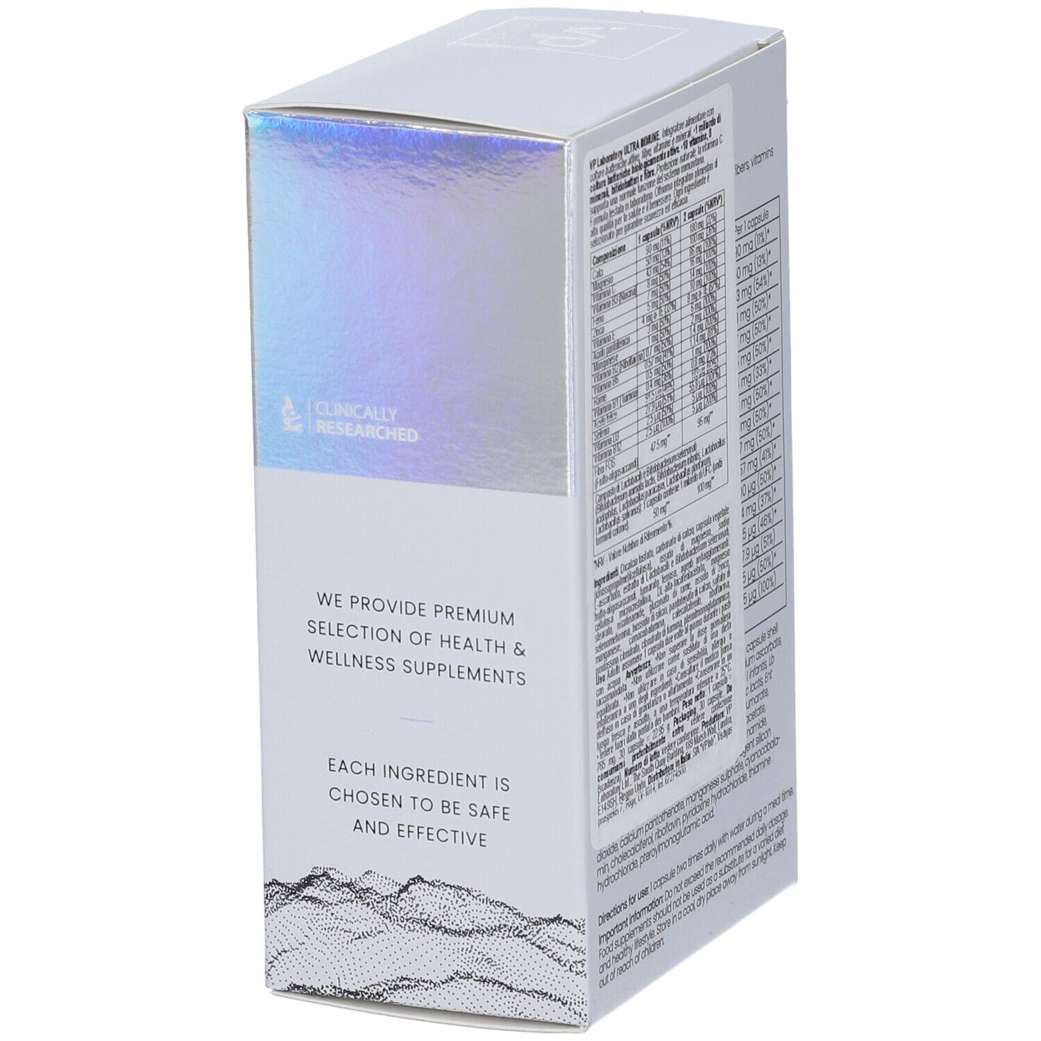 Lato della confezione Ultra Immune. Contiene informazioni sugli ingredienti e i marchi di qualità. Logo visibile.