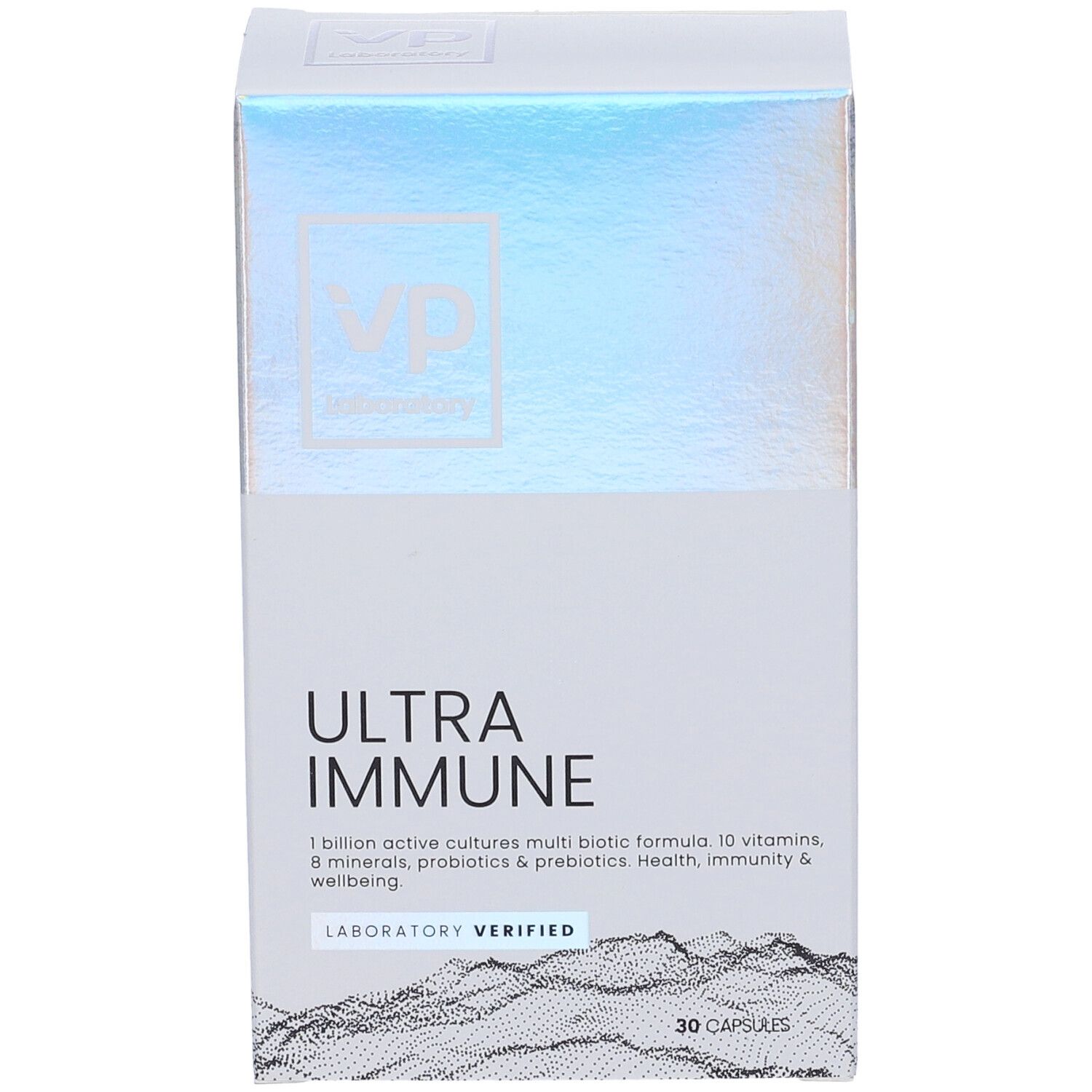 Confezione Ultra Immune. Nome e logo del prodotto visibili. Contiene 30 capsule. Verificato in laboratorio.