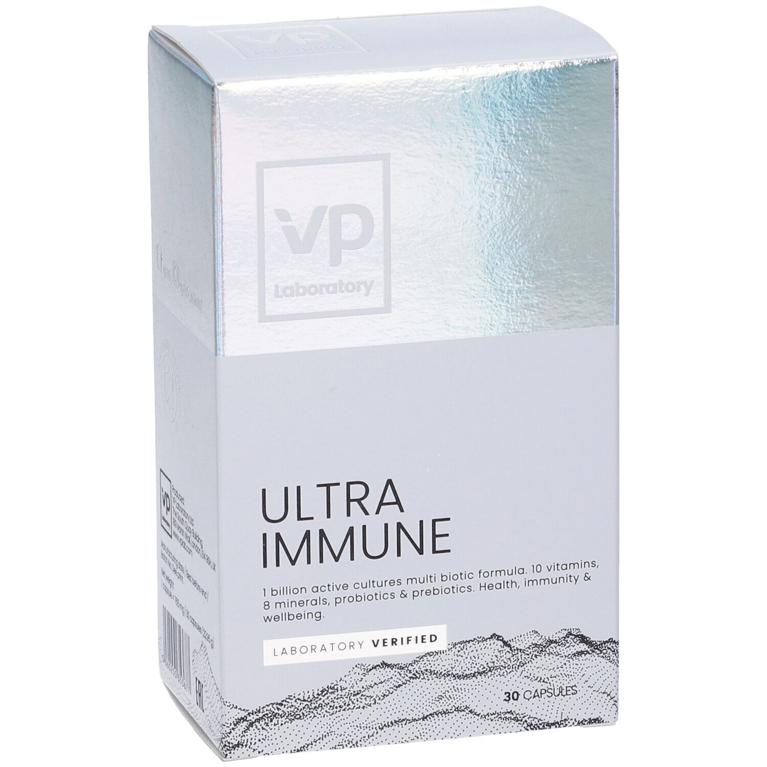 Confezione Ultra Immune. Nome e logo del prodotto visibili. Contiene 30 capsule. Verificato in laboratorio.