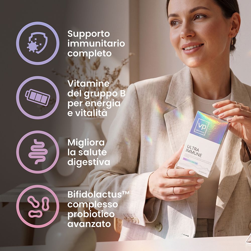 Confezione per ULTRA IMMUNE con icone per sistema immunitario, energia, digestione e probiotici.