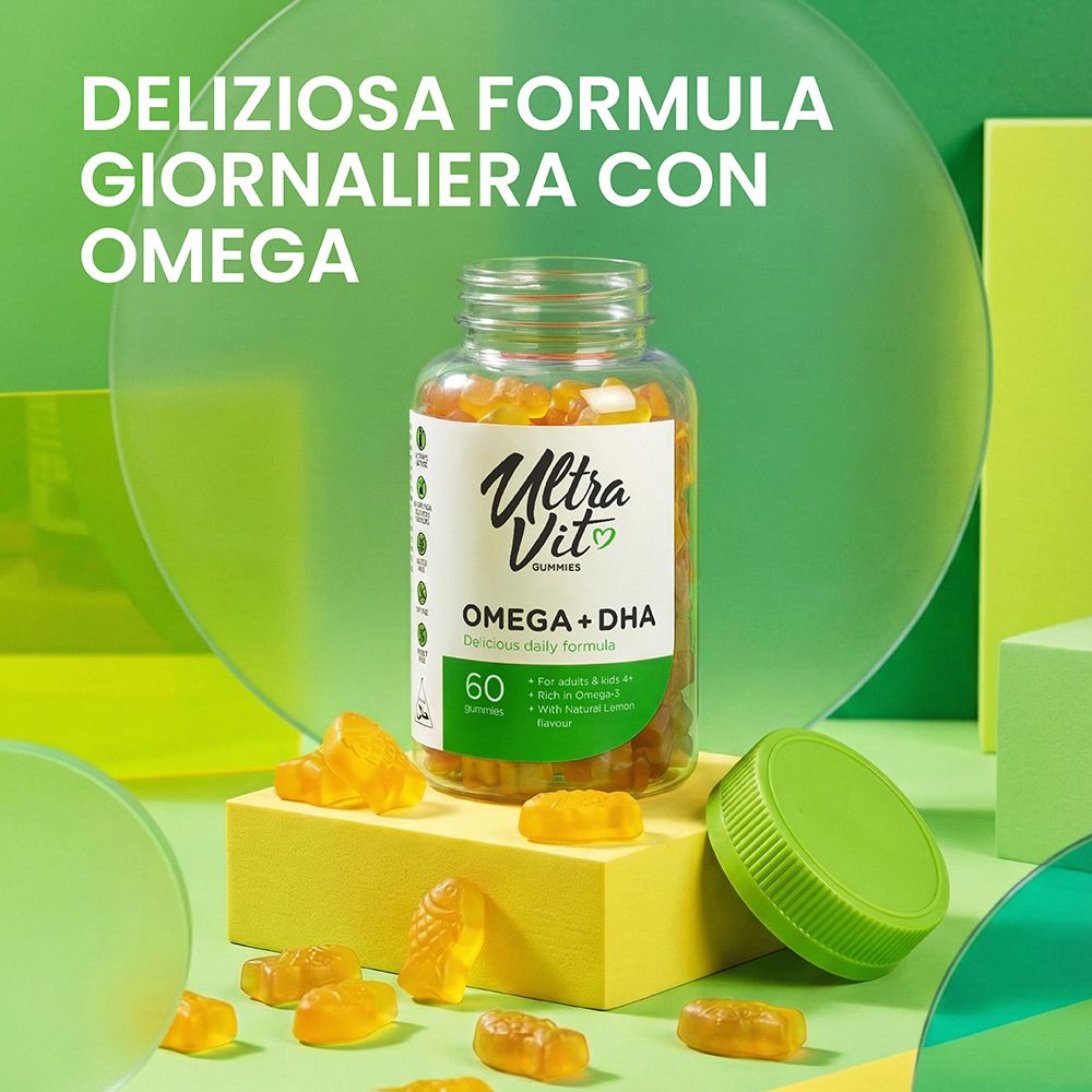 Flacone di gommose Omega+DHA, 60 pezzi. Gommose gialle a forma di pesce.