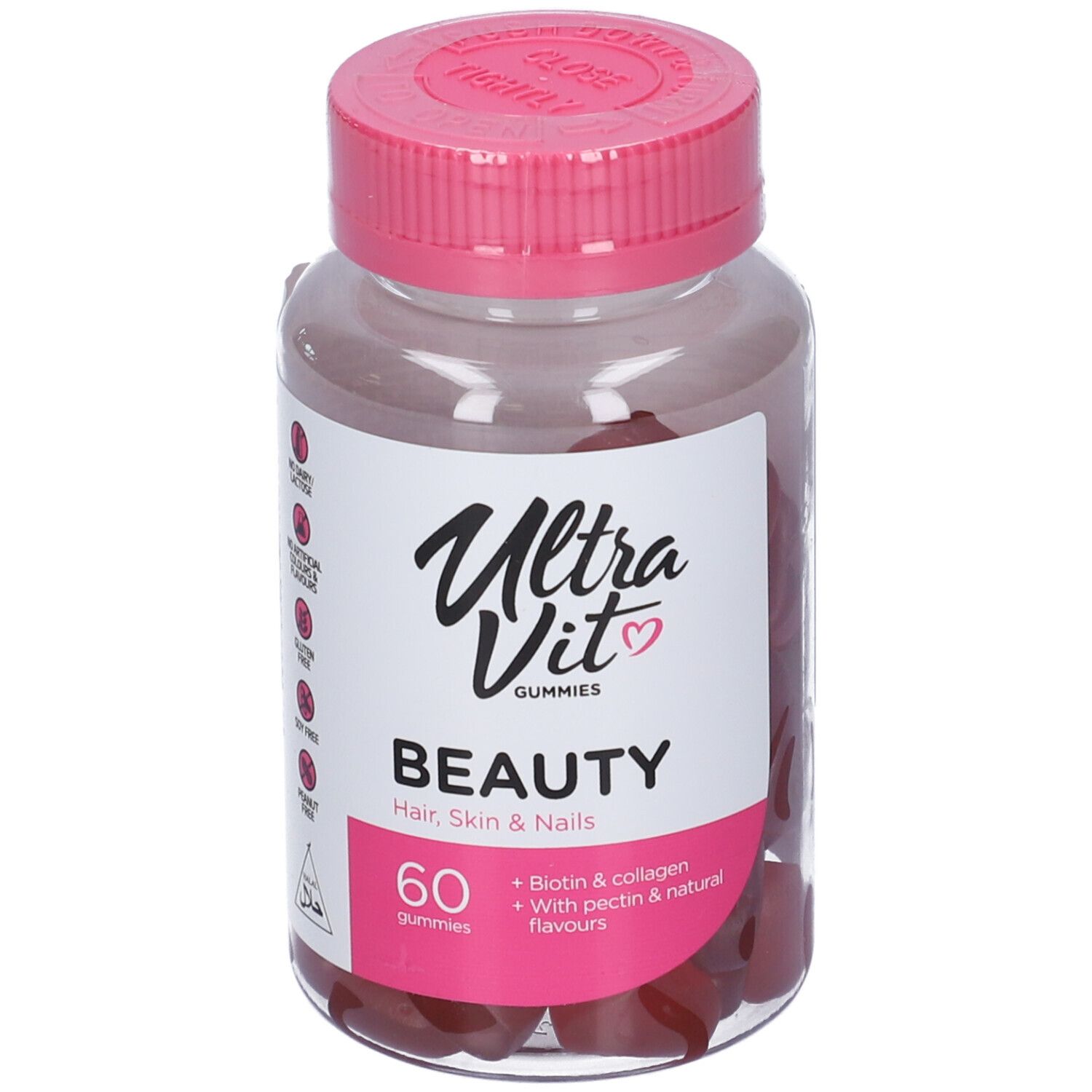 Barattolo trasparente con tappo rosa. Contiene caramelle gommose rosse a forma di cuore. Etichetta "Ultra Vit Gummies Beauty".