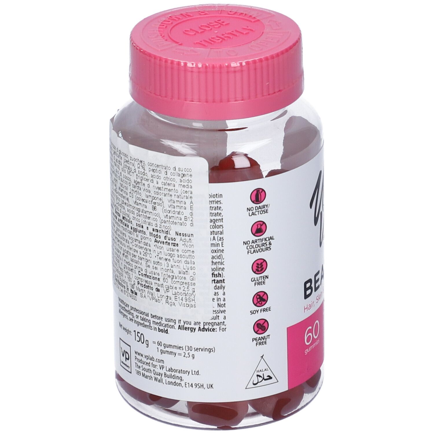 Retro del barattolo. Contiene ingredienti, informazioni nutrizionali e certificazioni. Tappo rosa e barattolo trasparente.