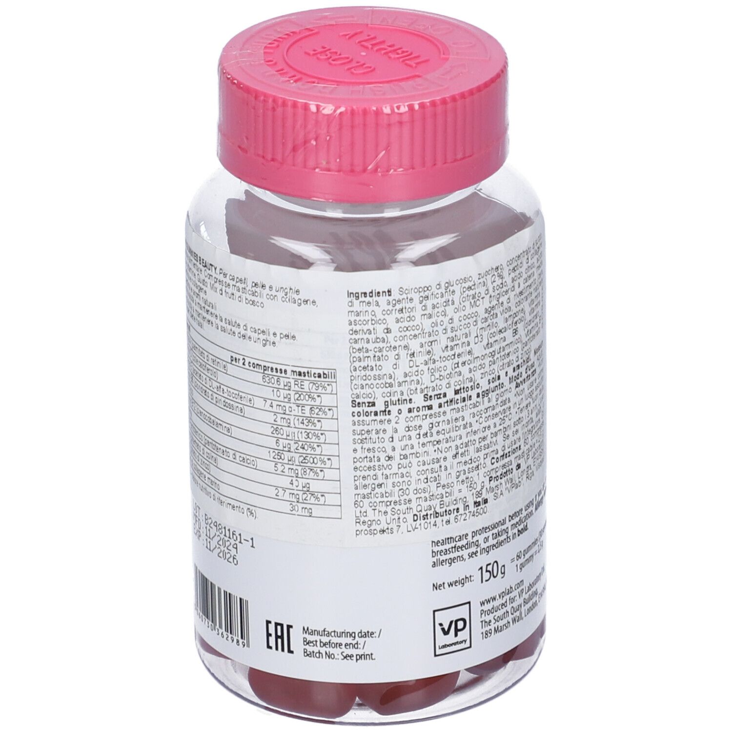 Retro del barattolo. Informazioni nutrizionali. Tappo rosa e barattolo trasparente. Contiene caramelle gommose a forma di cuore.