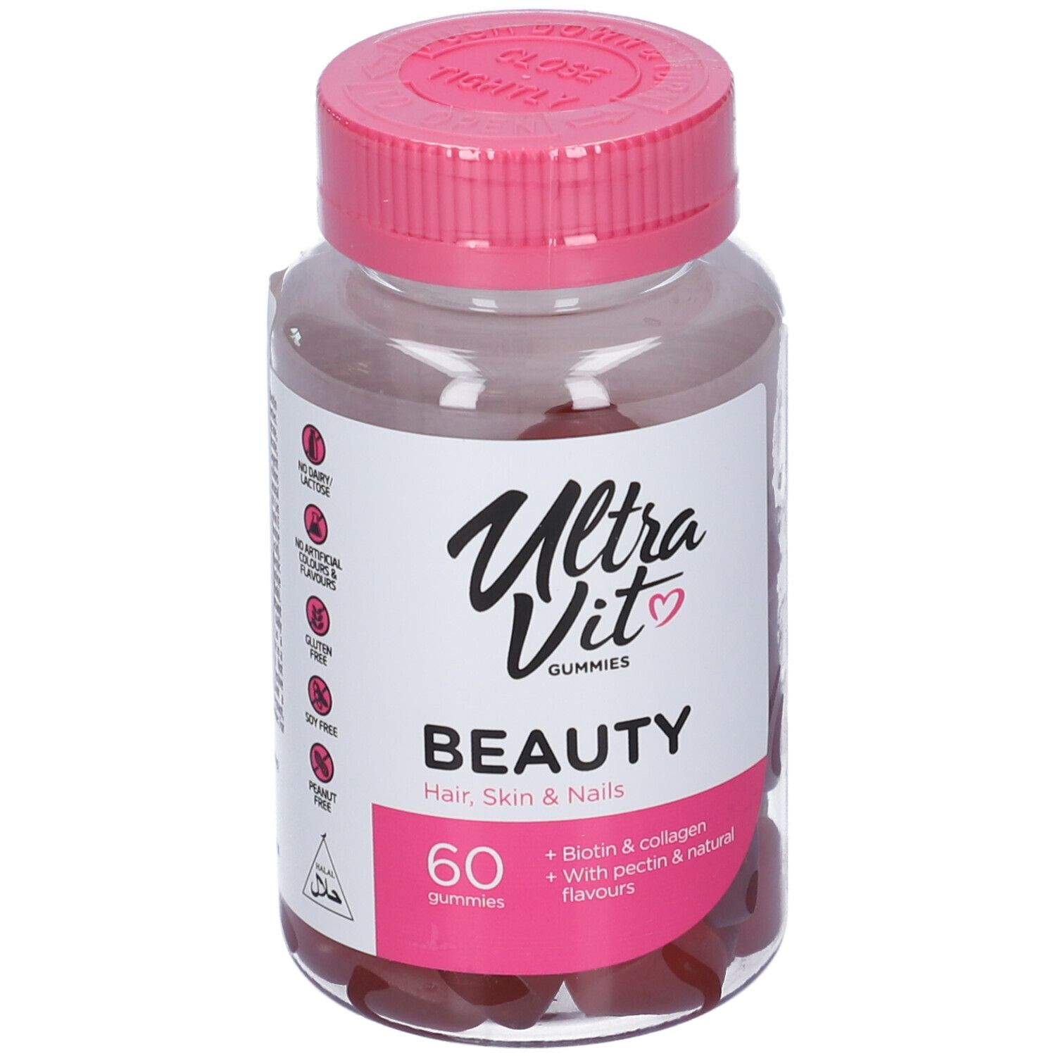 Barattolo trasparente con tappo rosa. Contiene caramelle gommose rosse a forma di cuore. Etichetta "Ultra Vit Gummies Beauty".