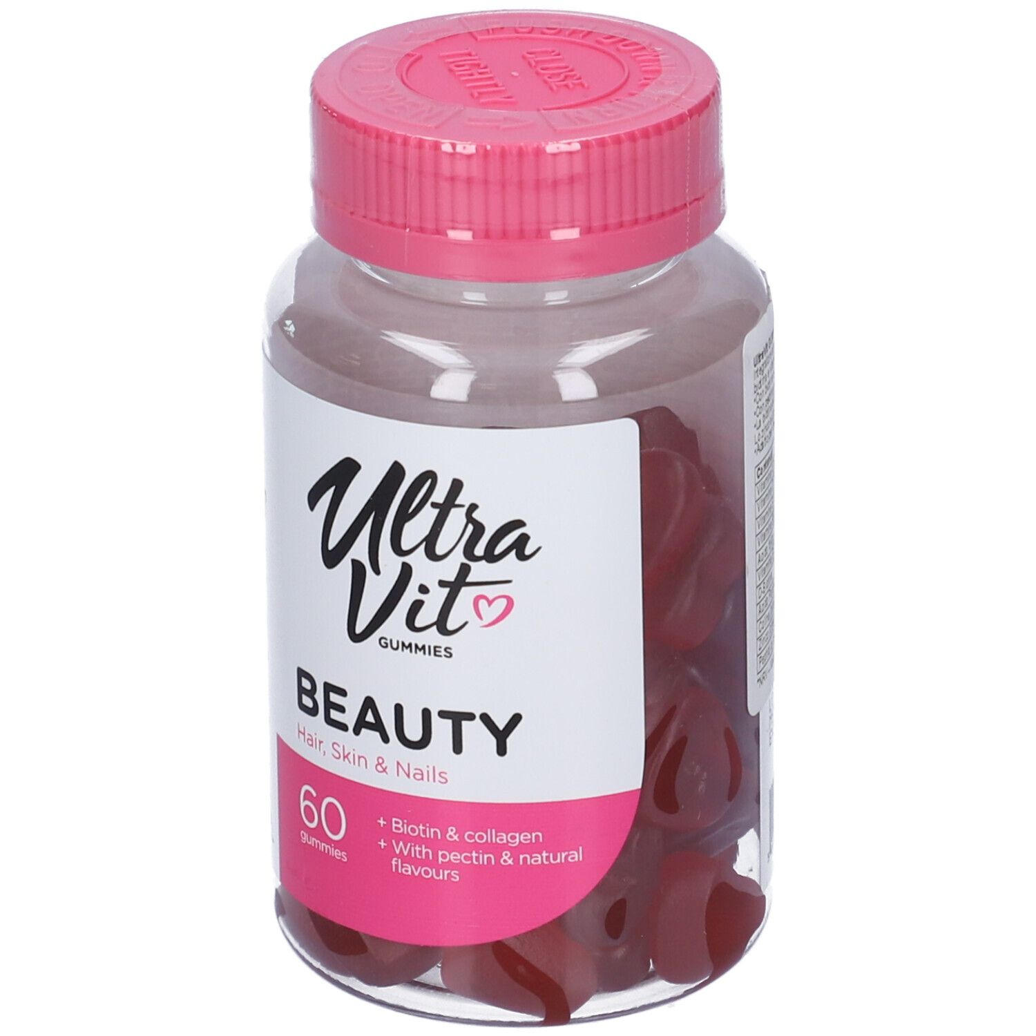 Barattolo trasparente con tappo rosa. Contiene caramelle gommose rosse a forma di cuore. Etichetta "Ultra Vit Gummies Beauty".