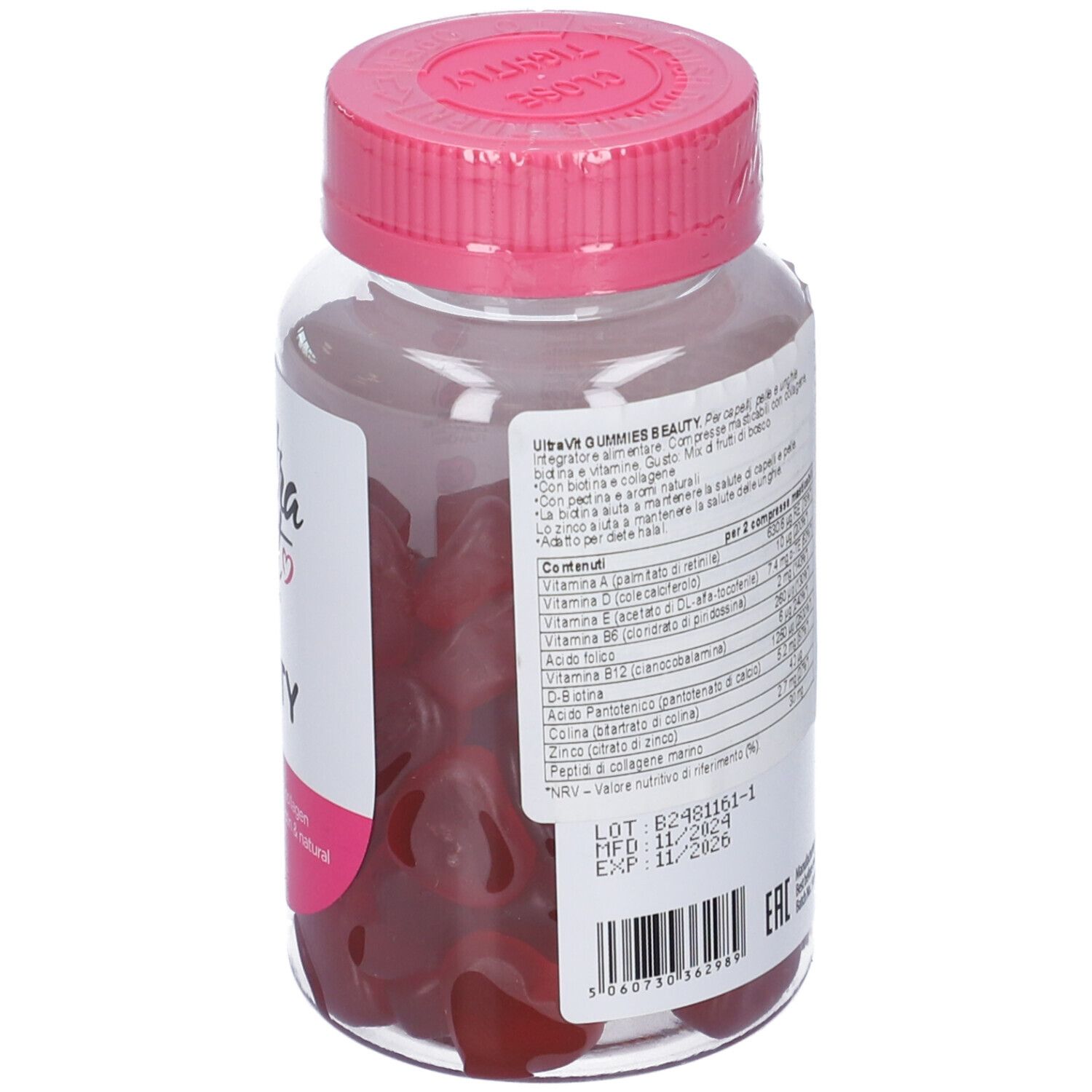 Retro del barattolo. Informazioni nutrizionali. Tappo rosa e barattolo trasparente. Contiene caramelle gommose a forma di cuore.