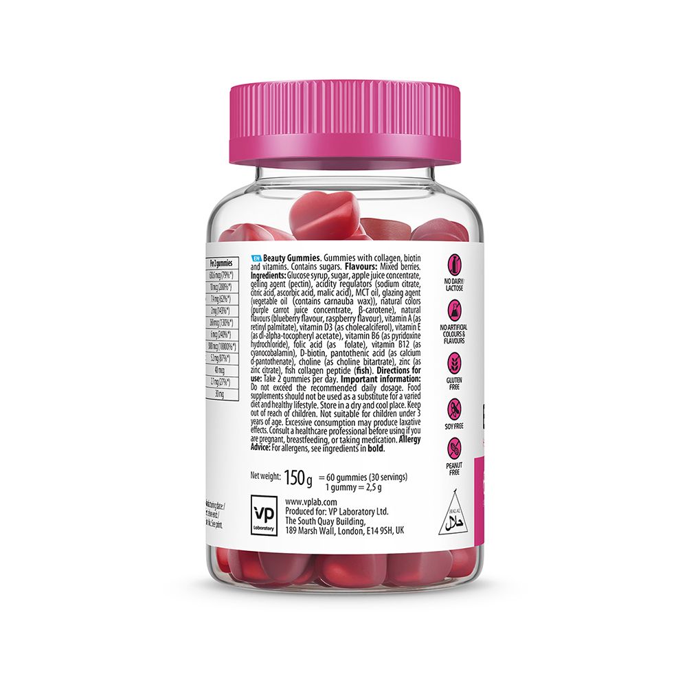 Retro del barattolo. Contiene ingredienti, informazioni nutrizionali e certificazioni. Tappo rosa e barattolo trasparente.