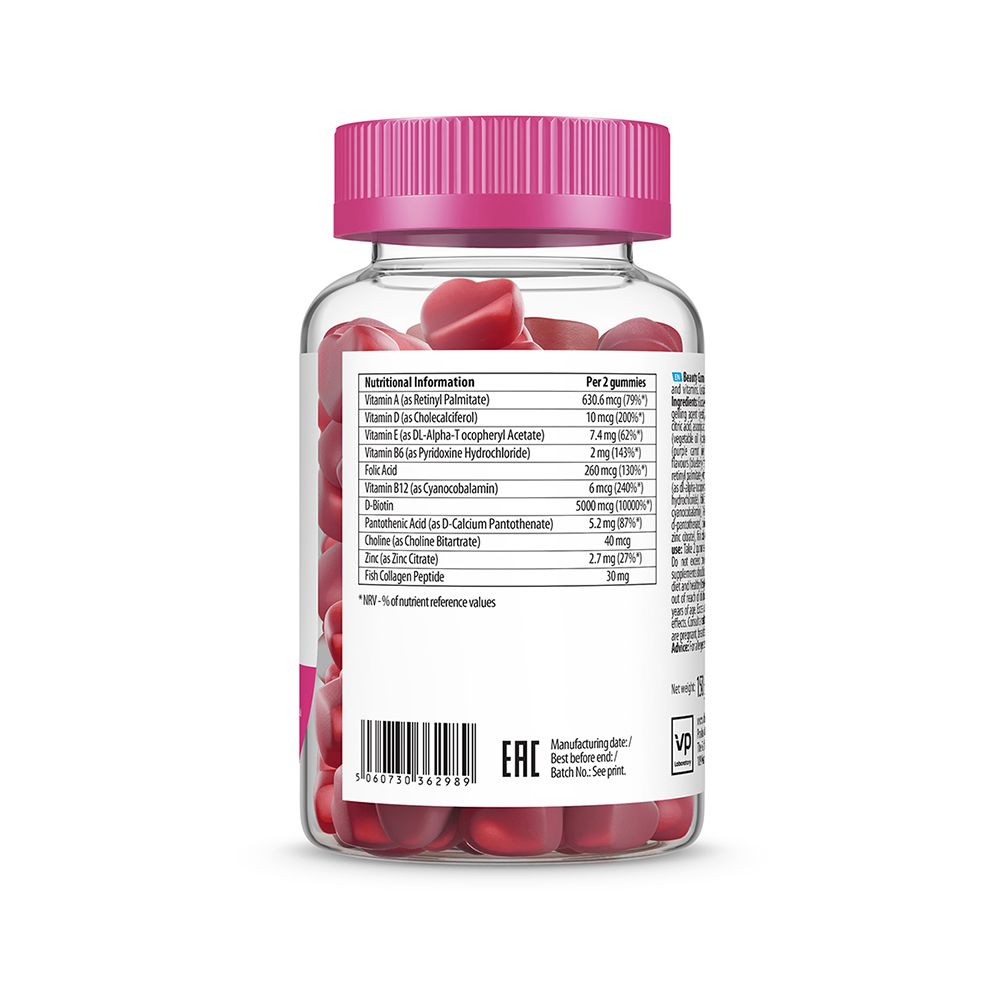 Retro del barattolo. Informazioni nutrizionali. Tappo rosa e barattolo trasparente. Contiene caramelle gommose a forma di cuore.