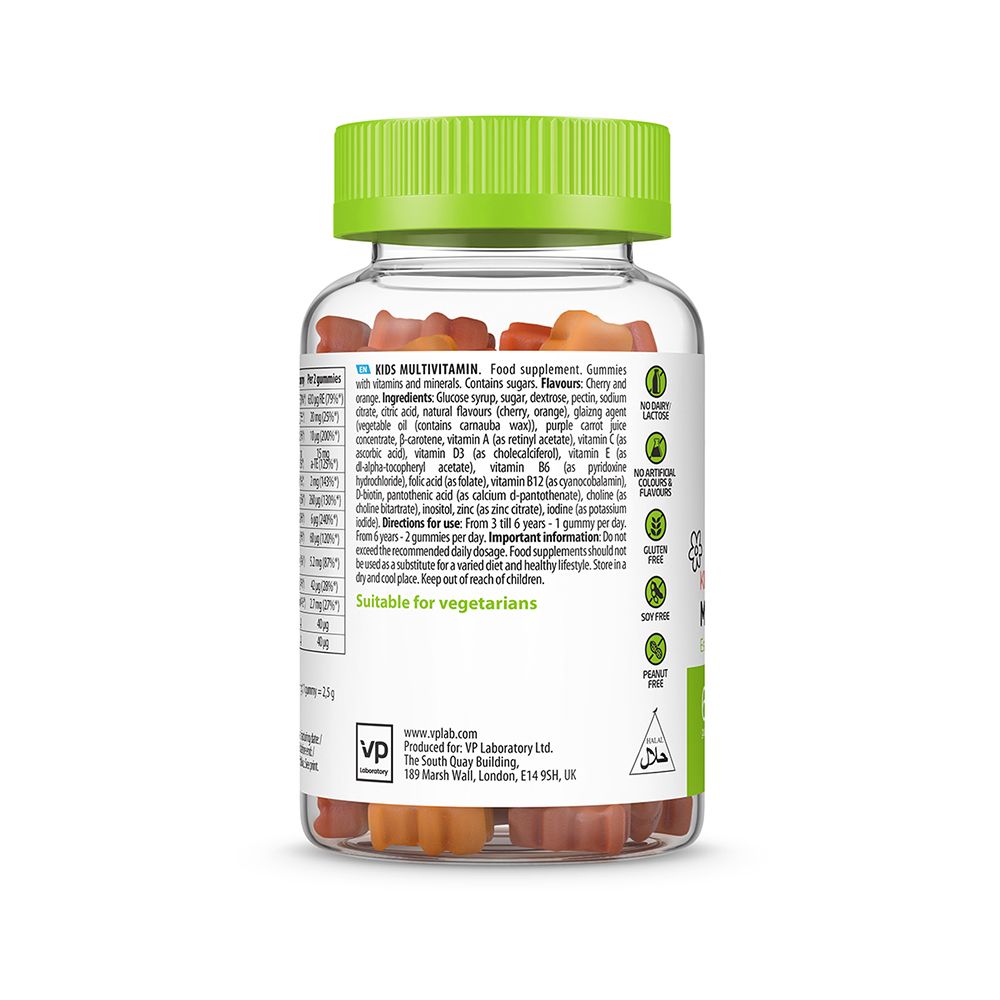 Retro del flacone ULTRAVIT Gummies Kid's Multivitamin. Elenco ingredienti. Tappo verde. 60 caramelle gommose.