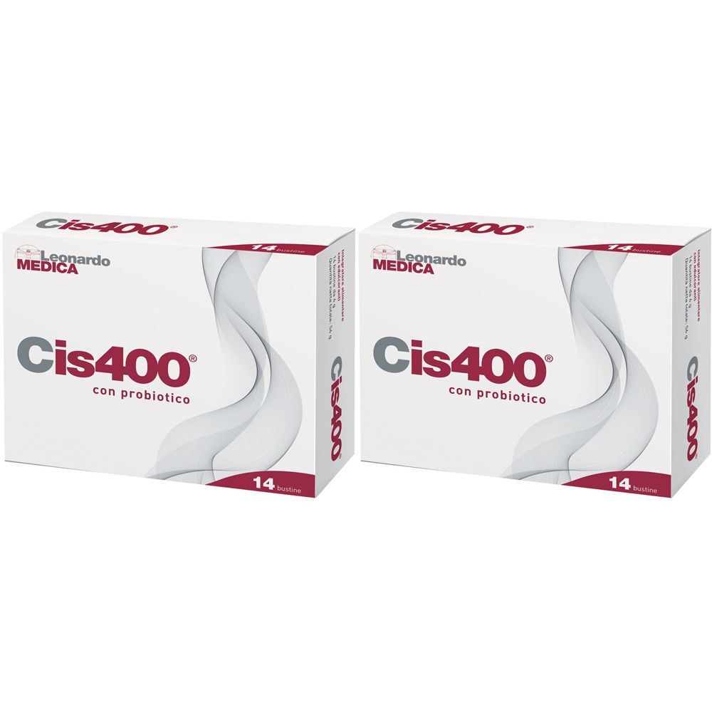 Due scatole bianche con scritto "Cis400" e "con probiotico". Ogni scatola indica "14 bustine". Marchio Leonardo Medica.