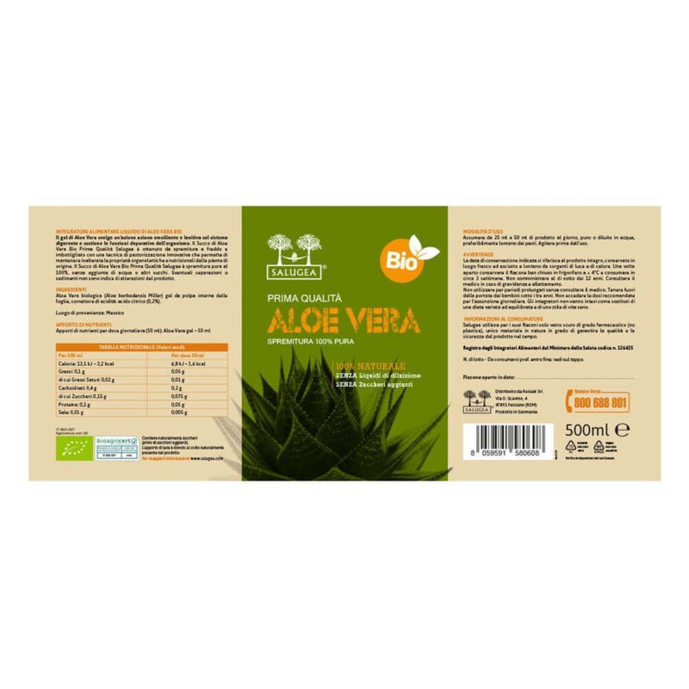 Etichetta di Succo di Aloe Vera Bio con valori nutrizionali e marchio Bio.