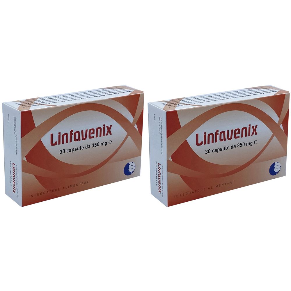 Due scatole di "Linfavenix". Ogni scatola contiene 30 capsule. Scritte in italiano.