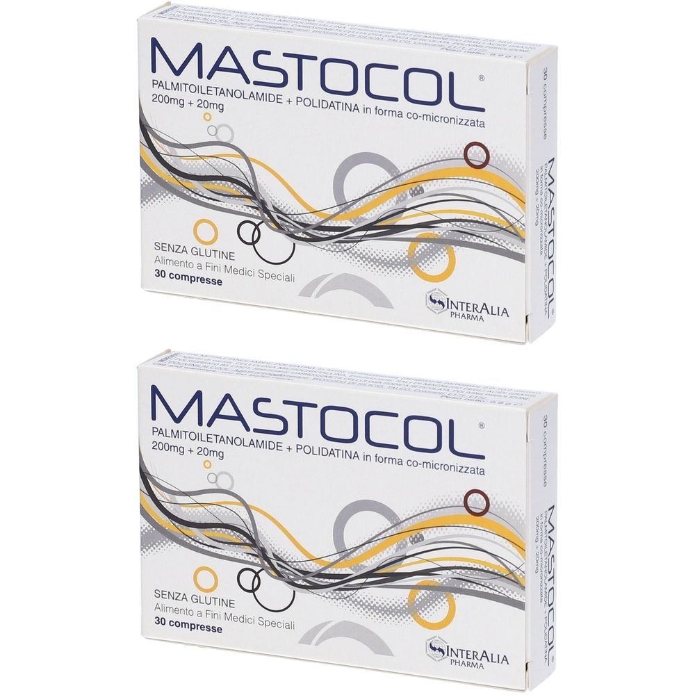 Due scatole di Mastocol. Scritta: Palmitoiletanolamide + Polidatina, 200mg + 20mg. Senza glutine. 30 compresse. Interalia Pharma.