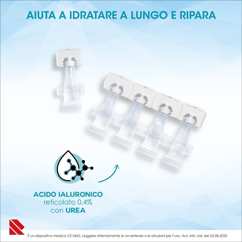 Flaconcini monodose Eumill DRYREPAIR con acido ialuronico reticolato e urea.