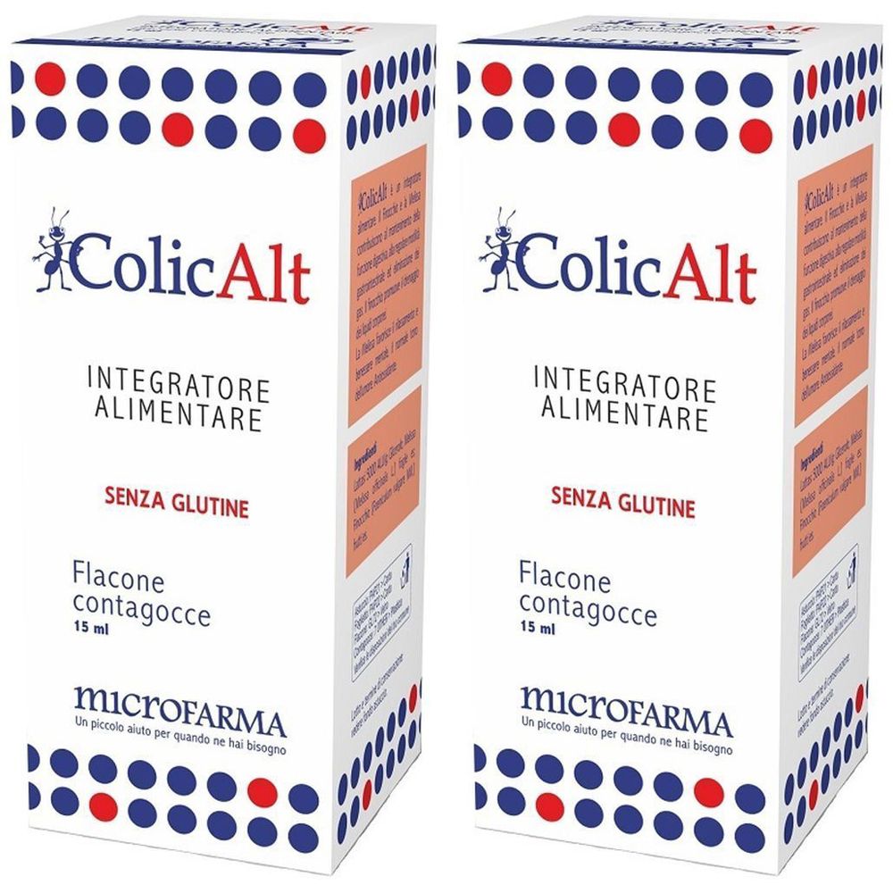 Due scatole di ColicAlt. Scritta: INTEGRATORE ALIMENTARE, SENZA GLUTINE, Flacone contagocce 15 ml. Marchio MicroFARMA.
