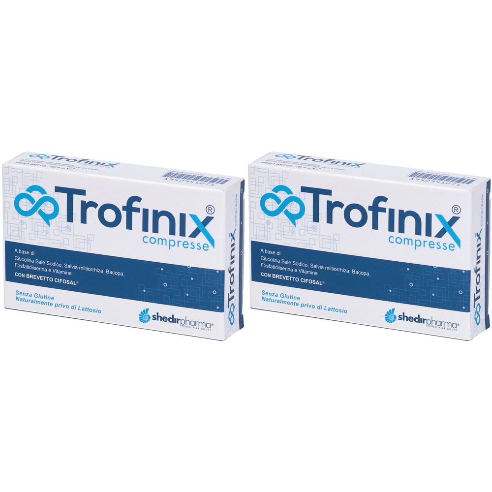 Due confezioni bianche "Trofinix compresse". Logo blu e testo. "Senza glutine". Marchio "shedirpharma".