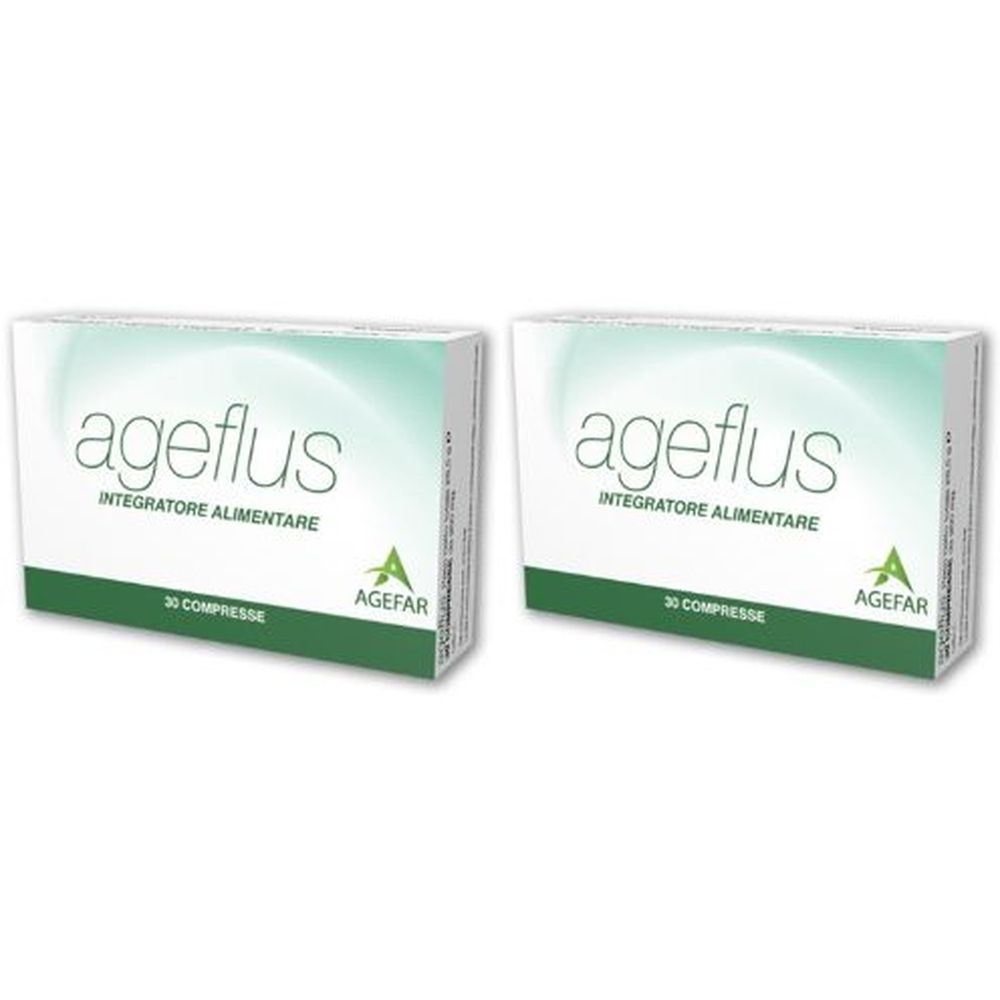 Due scatole "ageflus INTEGRATORE ALIMENTARE". Ogni scatola mostra "30 COMPRESSE" e il logo AGEFAR.