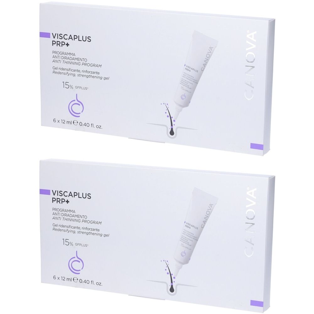 Due confezioni di Viscaplus PRP+ Programma Anti Diradamento. Ogni confezione contiene 6 tubi da 12 ml. Scritta: Canova.