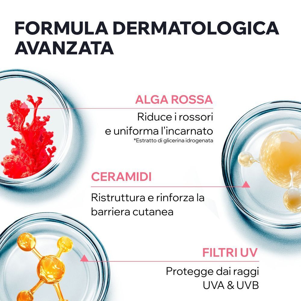 Flacone di olio detergente dermatologico, con ingredienti come alga rossa, ceramidi e filtri UV.