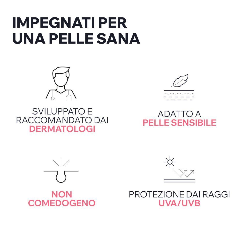 Quattro icone: Sviluppato da dermatologi, per pelli sensibili, non comedogeno, protezione UVA/UVB.