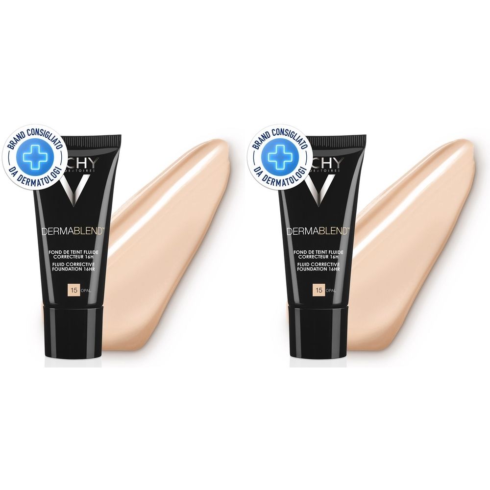 Due tubi di fondotinta Vichy Dermablend, tonalità 15, con tappo nero e traccia di prodotto. Raccomandato dai dermatologi.