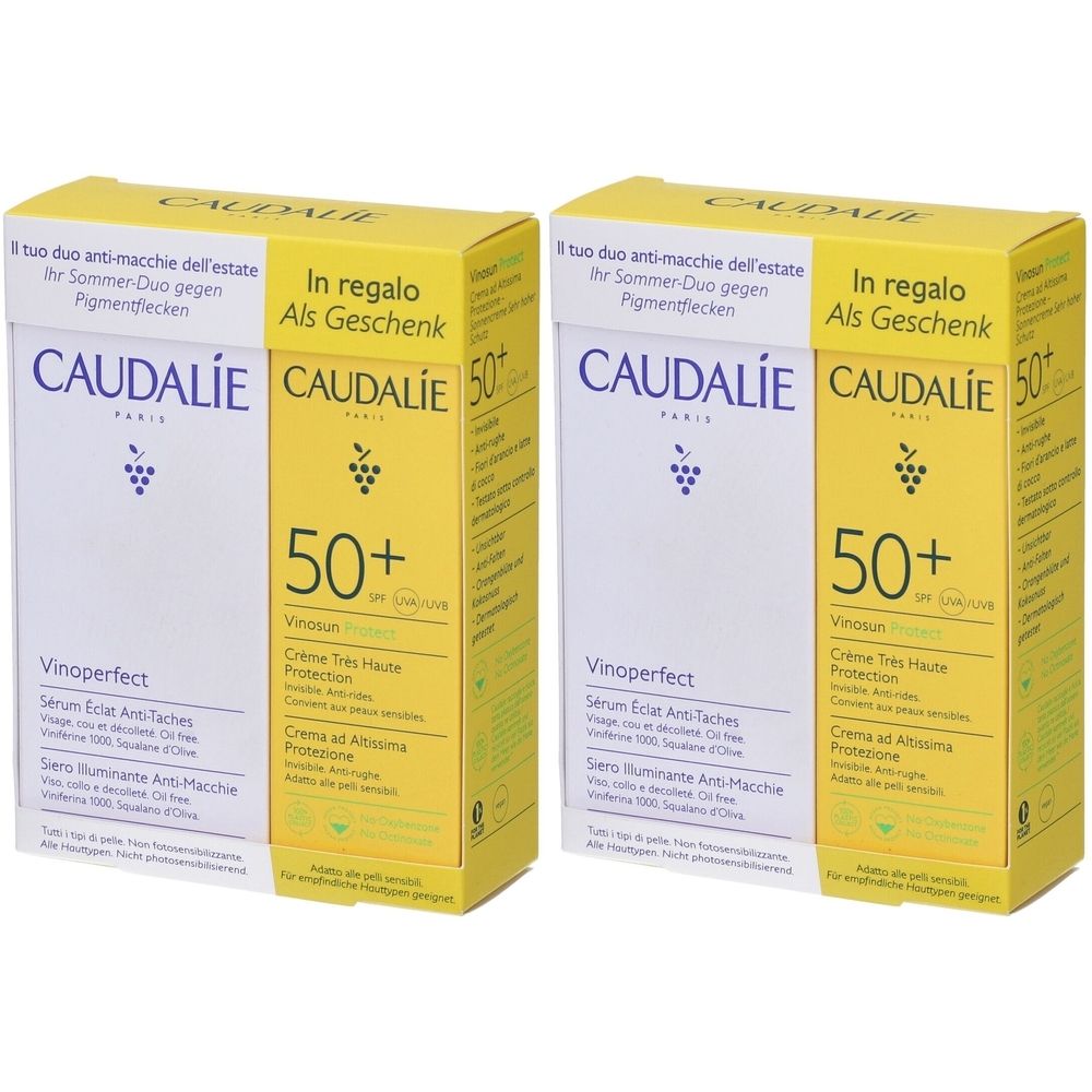 Caudalie Vinoperfect Siero Illuminante Anti-Macchie + Vinosun Protect Crema Alta Protezione SPF50 in Omaggio Set da 2