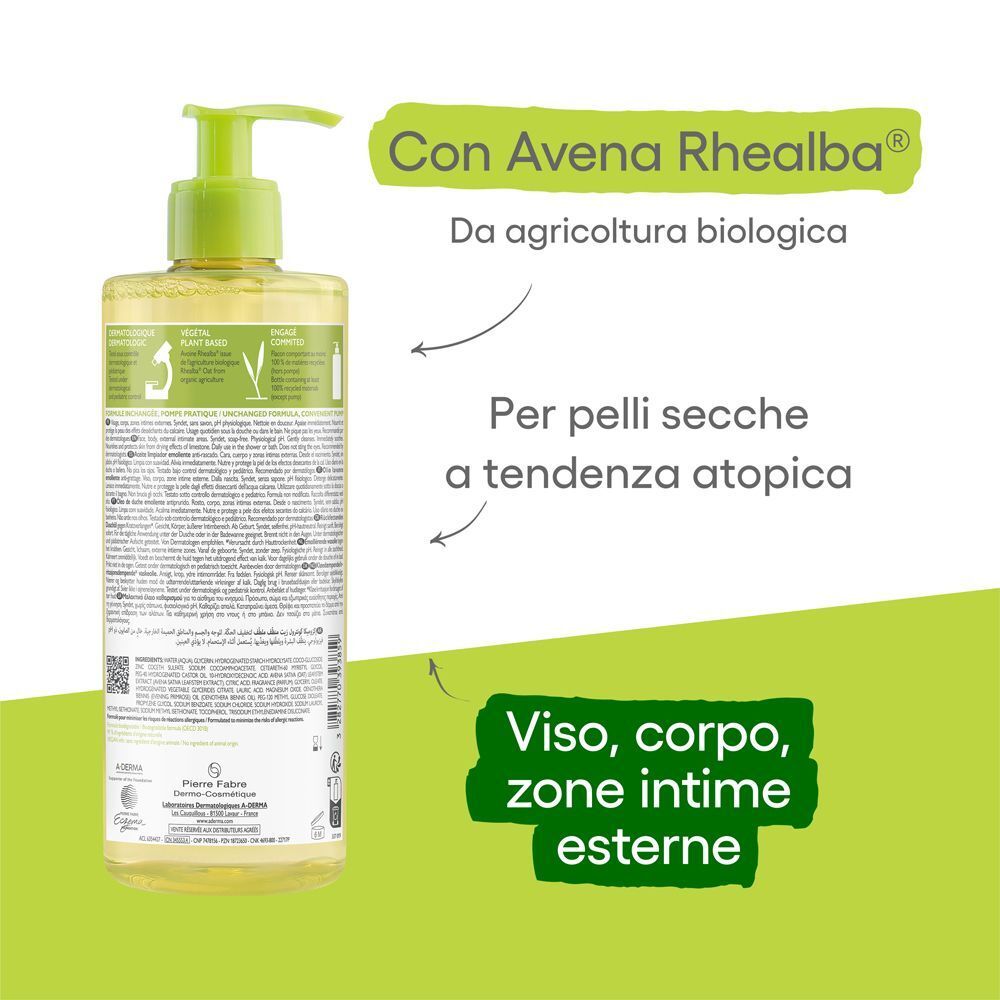 Retro di un flacone di olio lavante A-Derma Exomega Control con ingredienti.