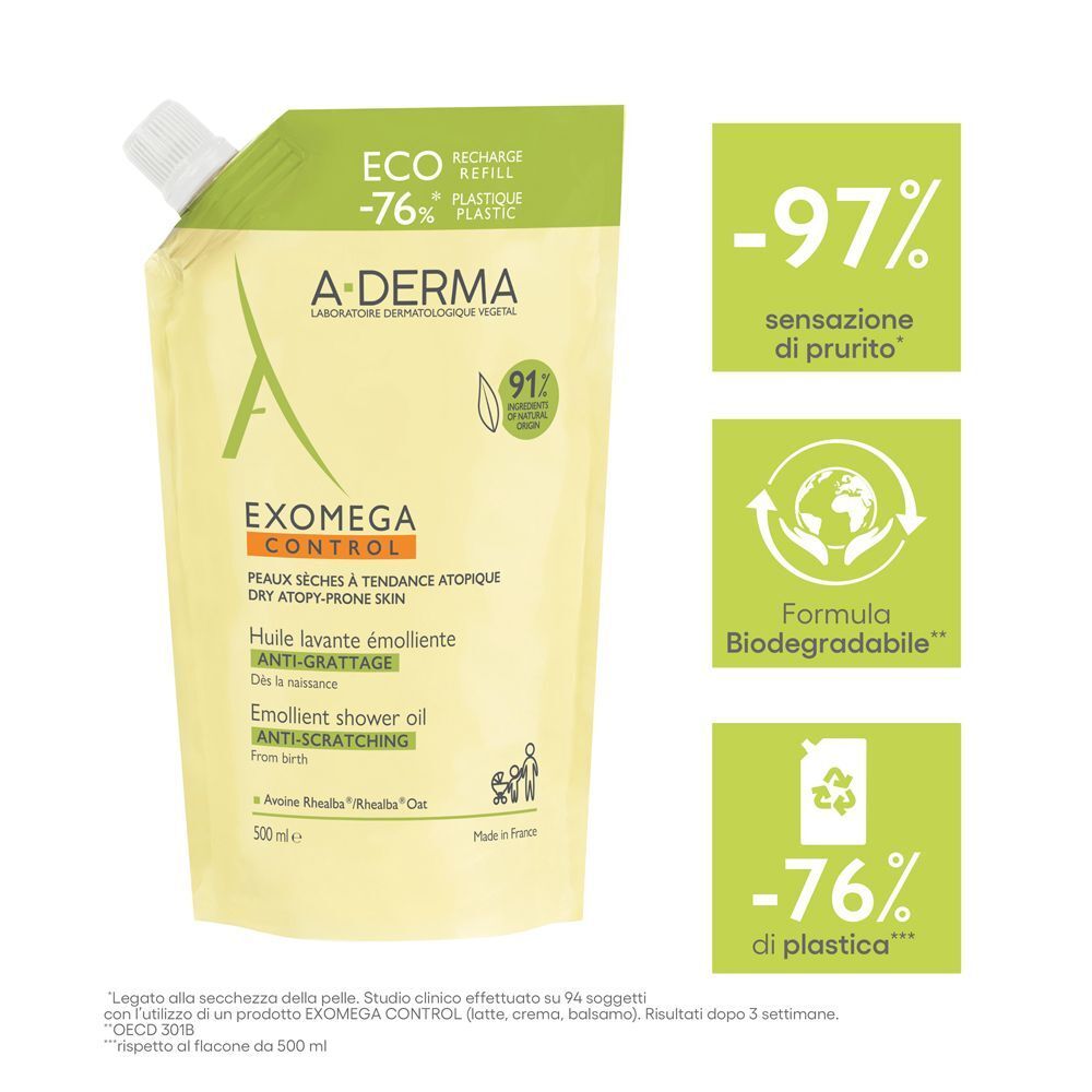 Ricarica di olio lavante A-Derma Exomega Control con informazioni ecologiche.