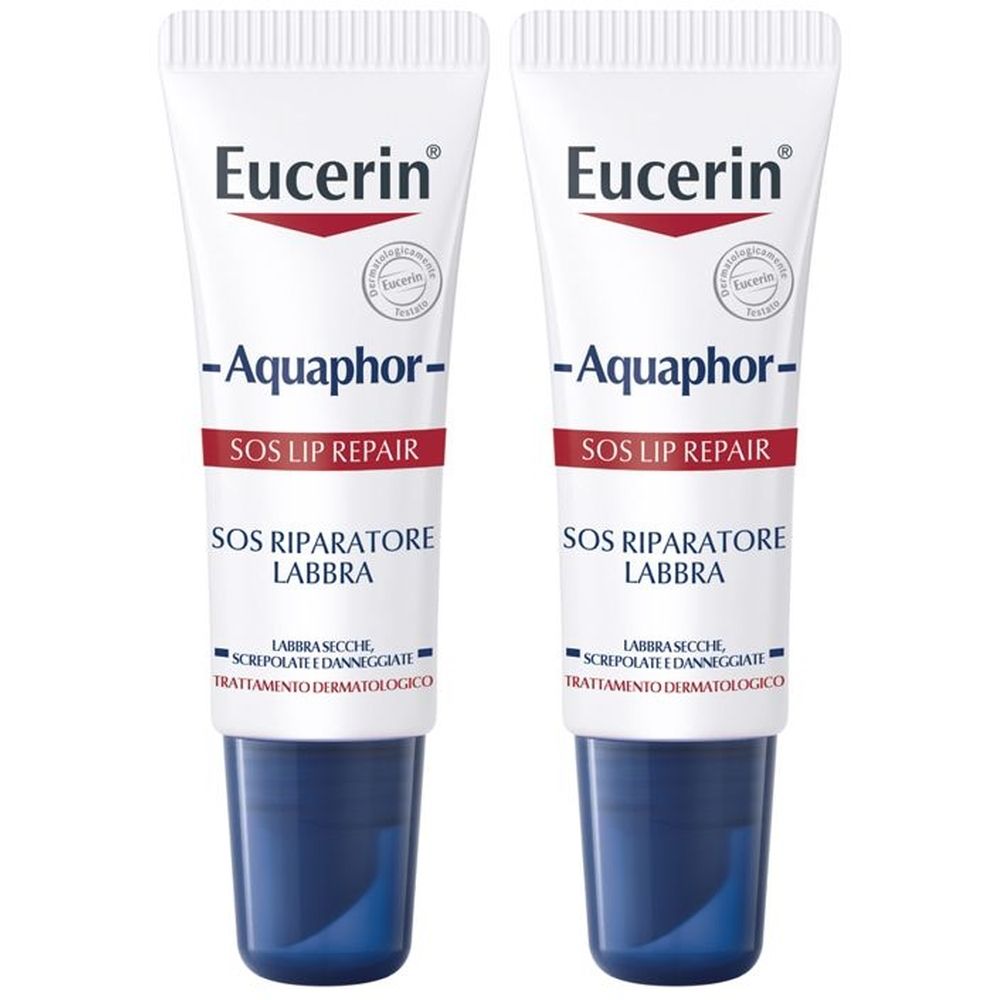 Due stick labbra Eucerin Aquaphor SOS Riparatore. Tubetti bianchi con scritte rosse e blu.