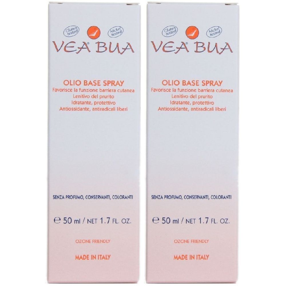Due scatole bianche con informazioni sul prodotto. Scritta: VEA BUA, Olio Base Spray, 50 ml, Made in Italy.